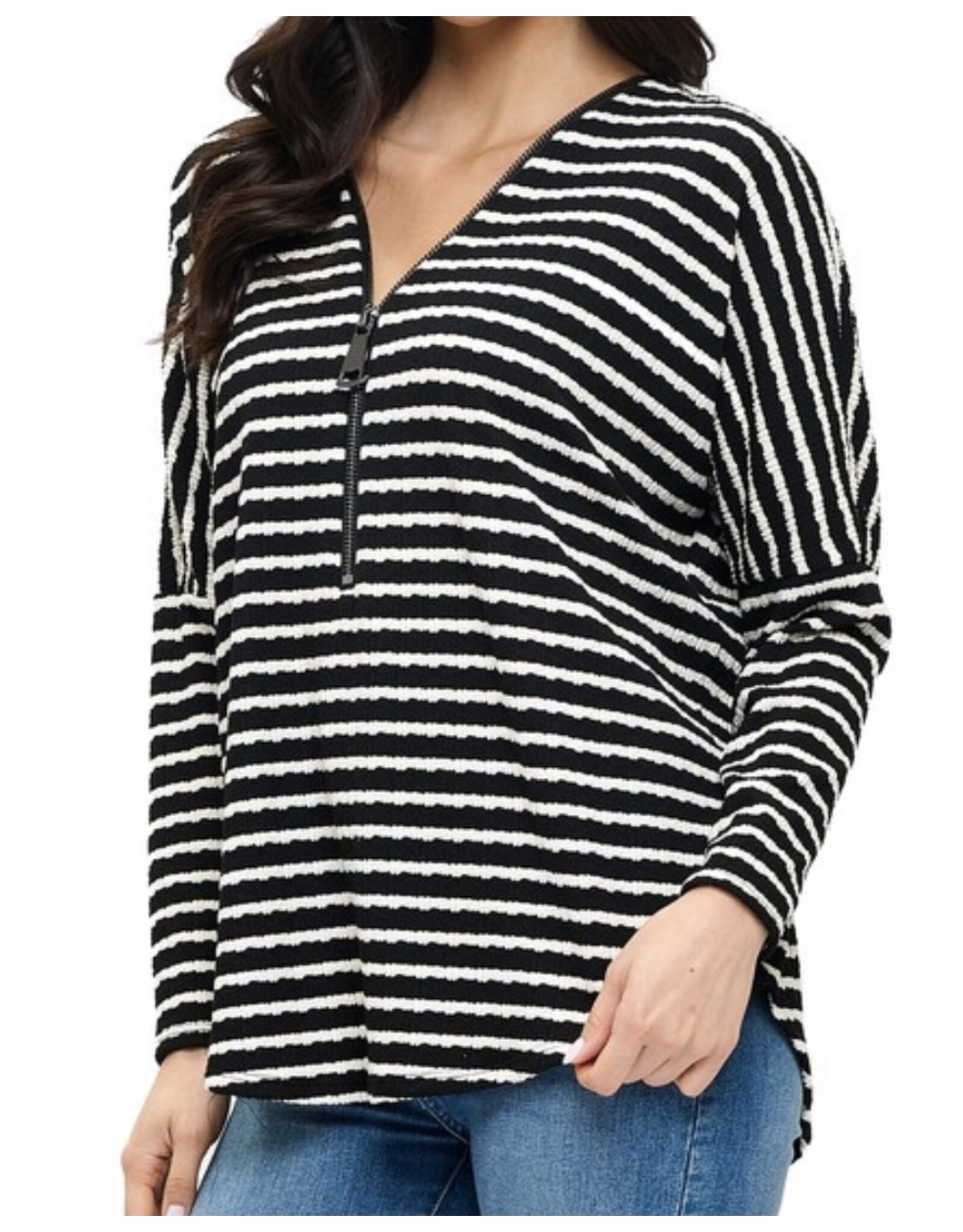 Ariella Dolman Slv B/W Stripe Zip Top