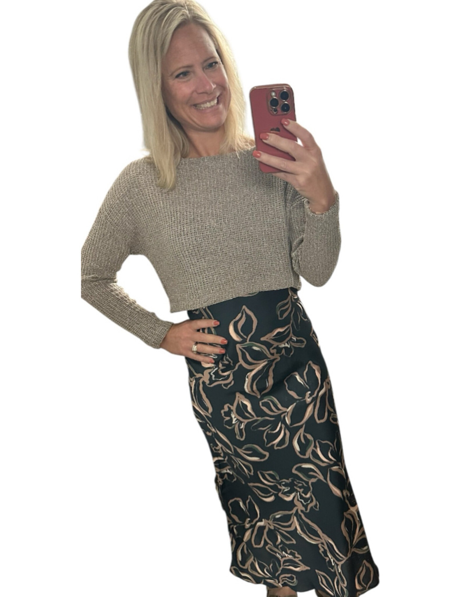 Satin Floral Slip Dress w/ Lightweight Sweater