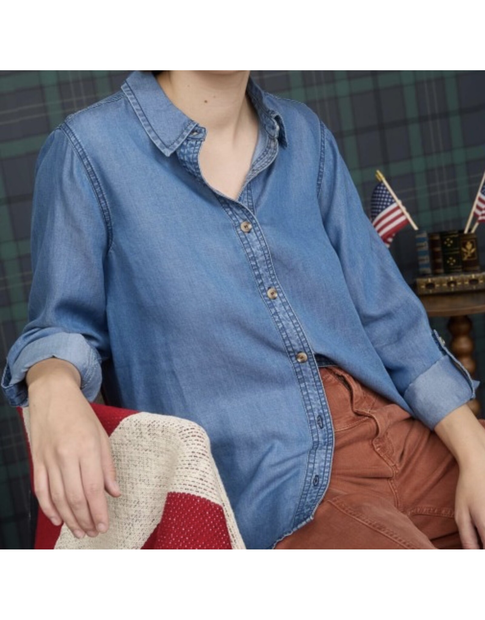 Blu pepper Chambray Collar 3/4 Slv Shirt