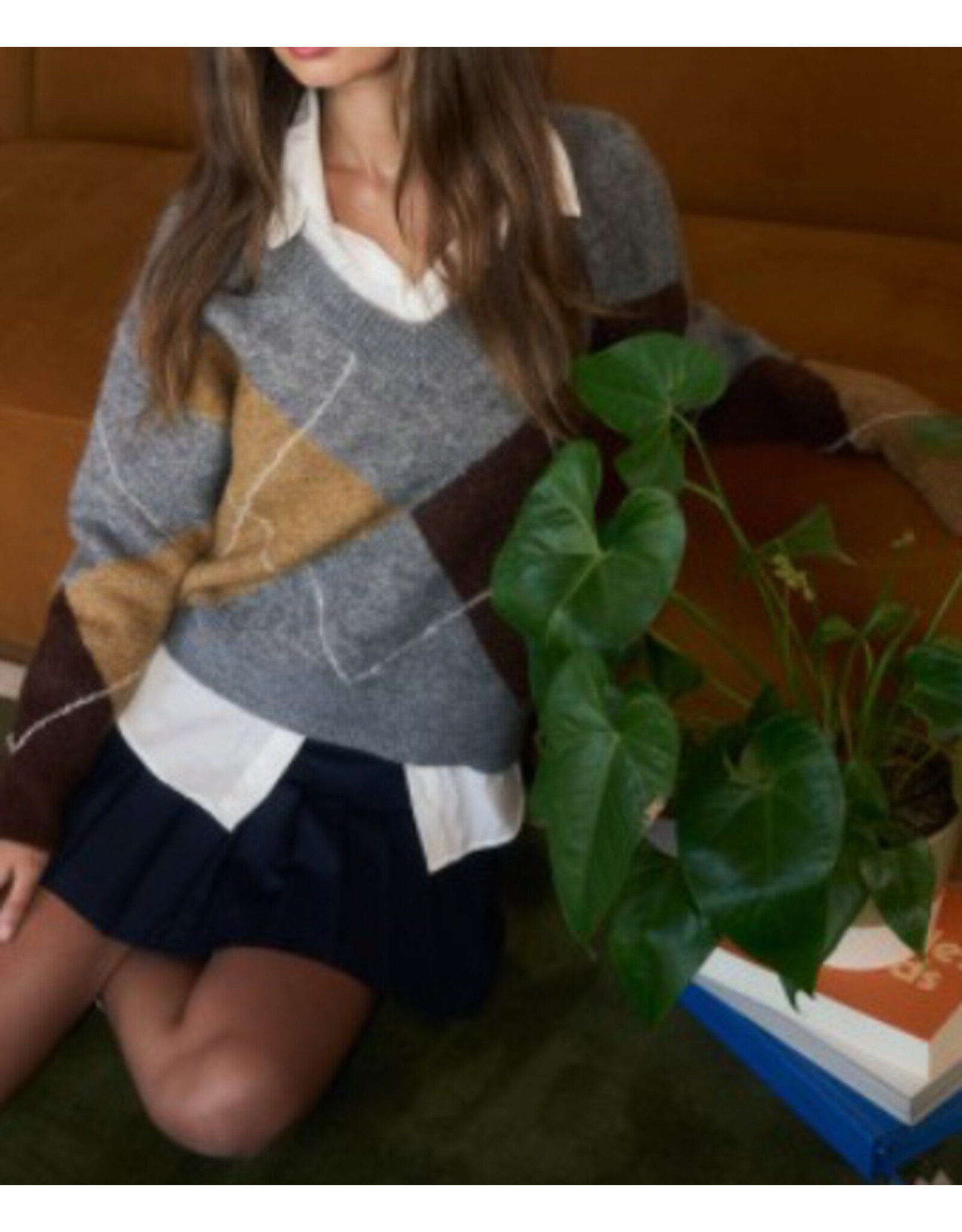 Grey Argyle V Neck Sweater