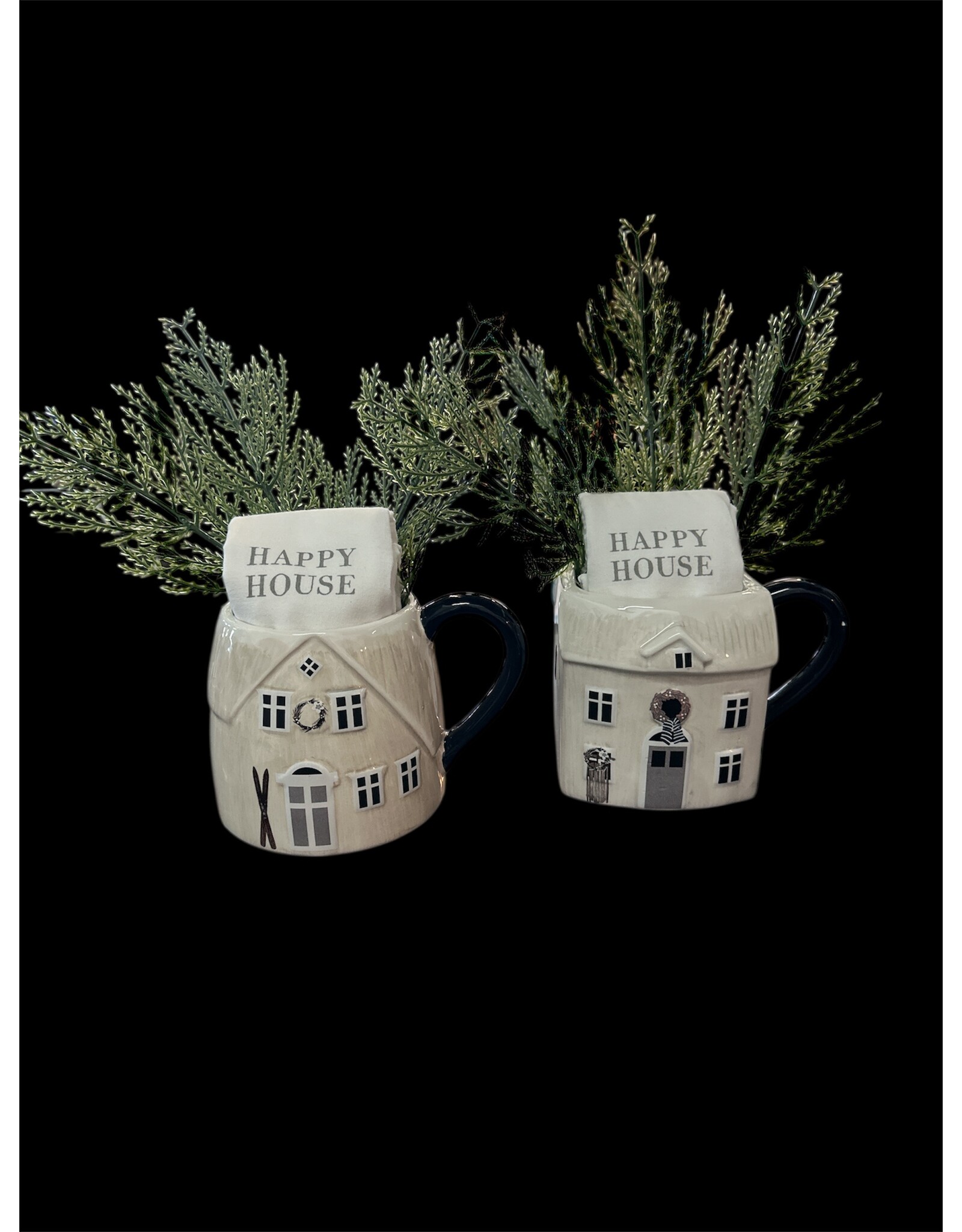 Happy House mug with kitchen towel
