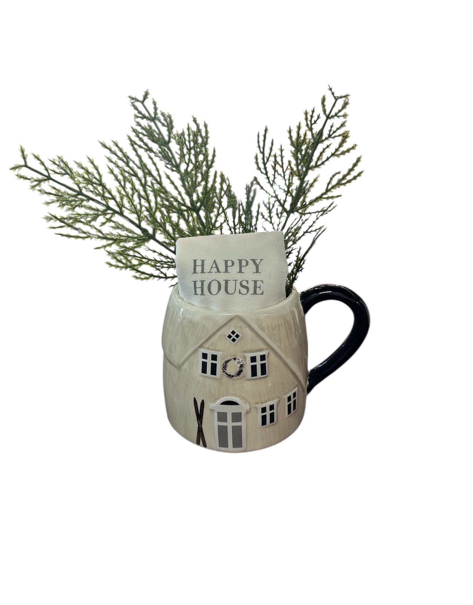 Happy House mug with kitchen towel