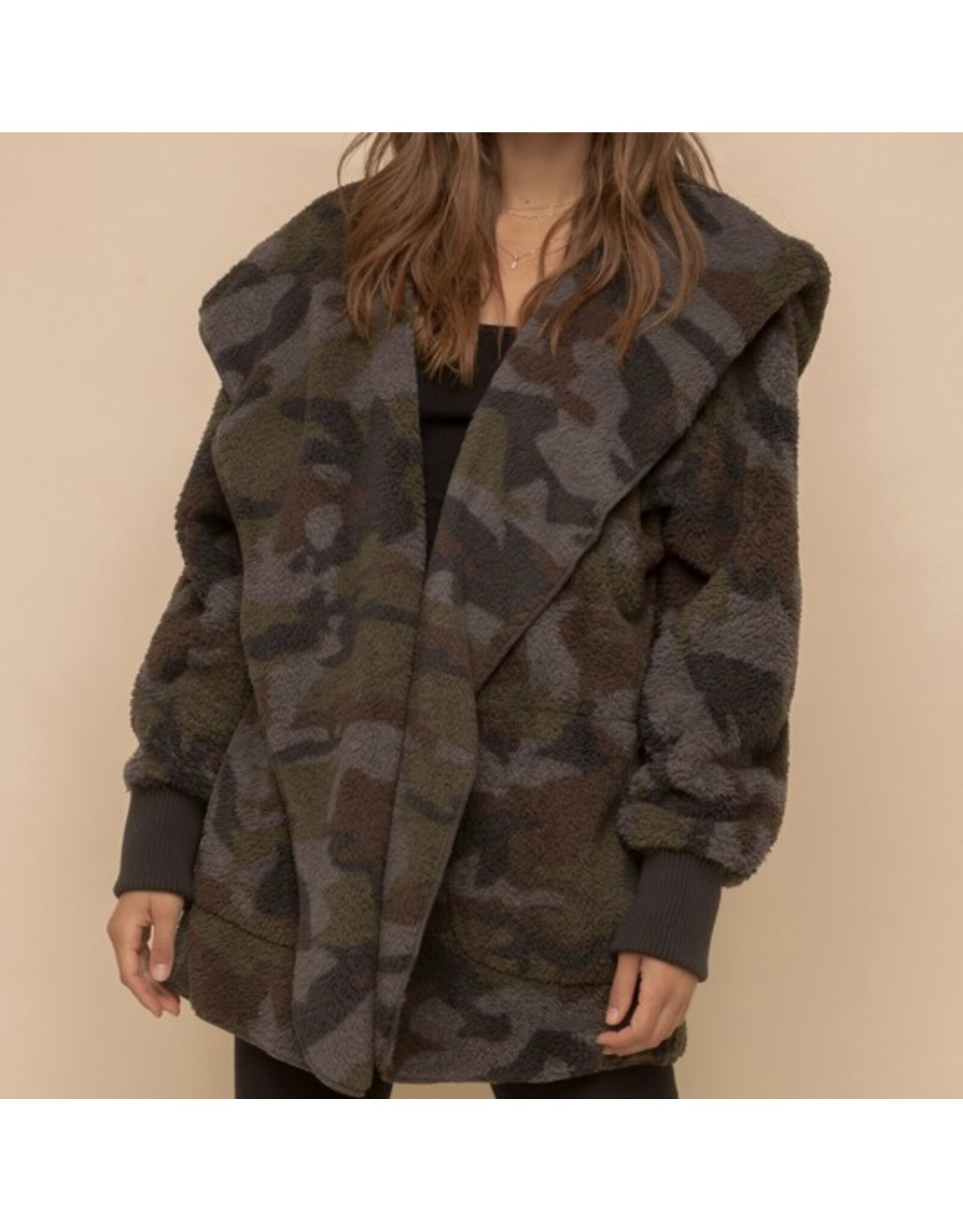 Hem and Thread Camo Sherpa Open Jacket