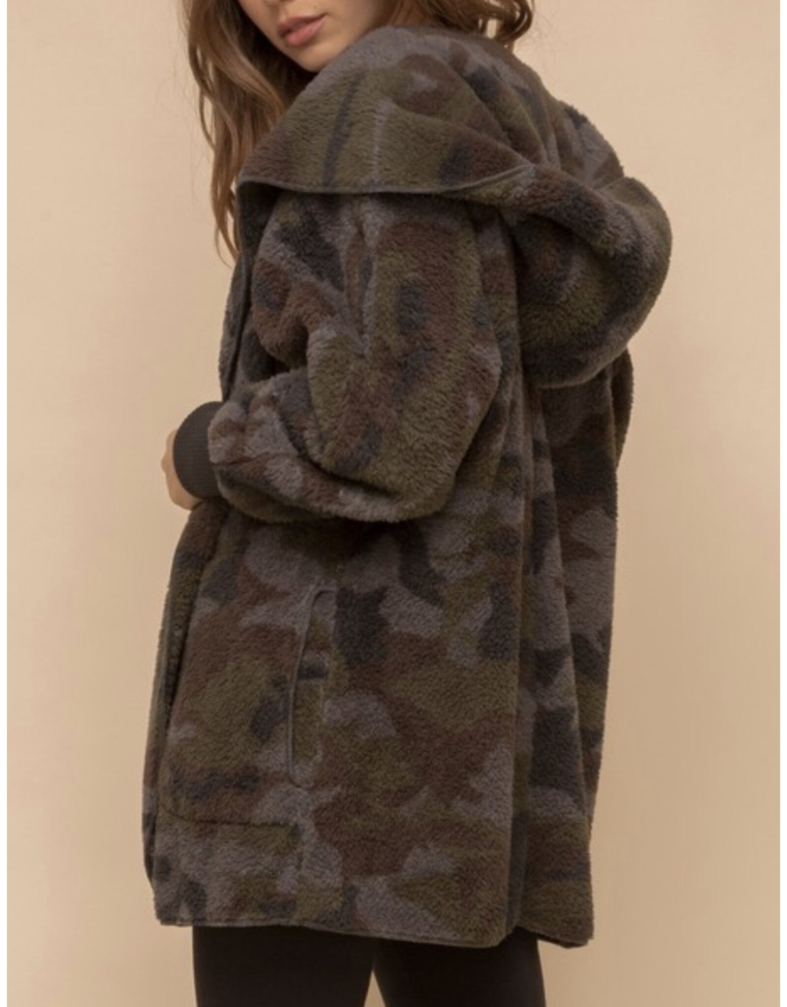 Hem and Thread Camo Sherpa Open Jacket