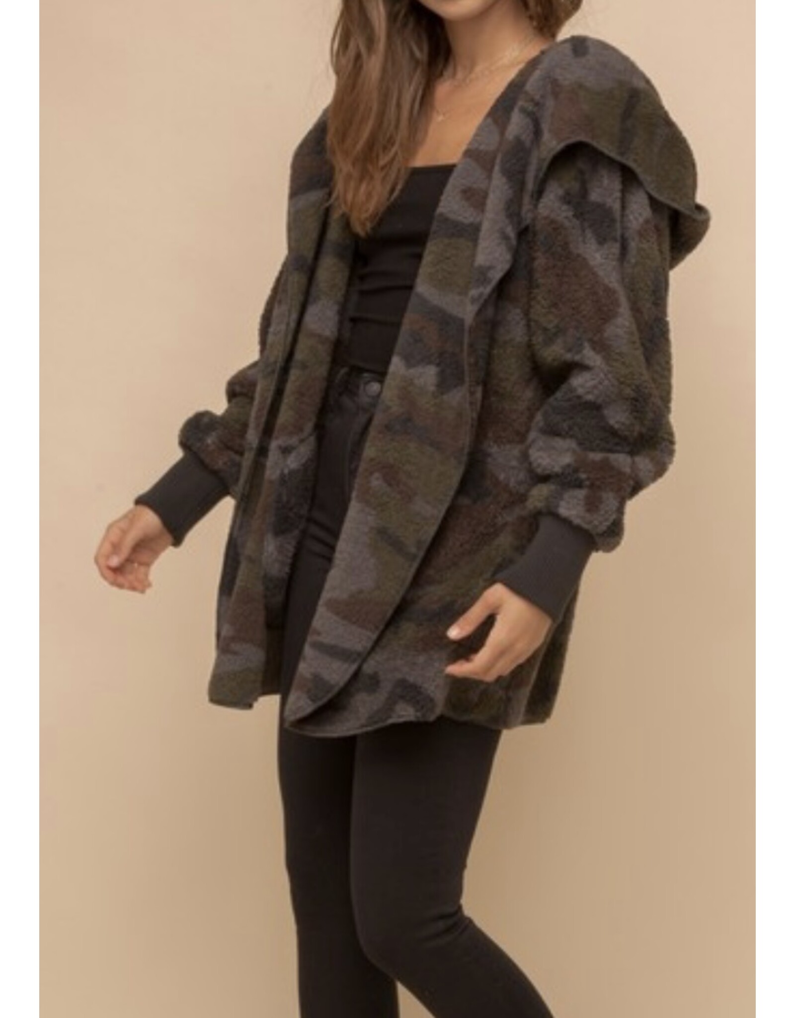 Hem and Thread Camo Sherpa Open Jacket