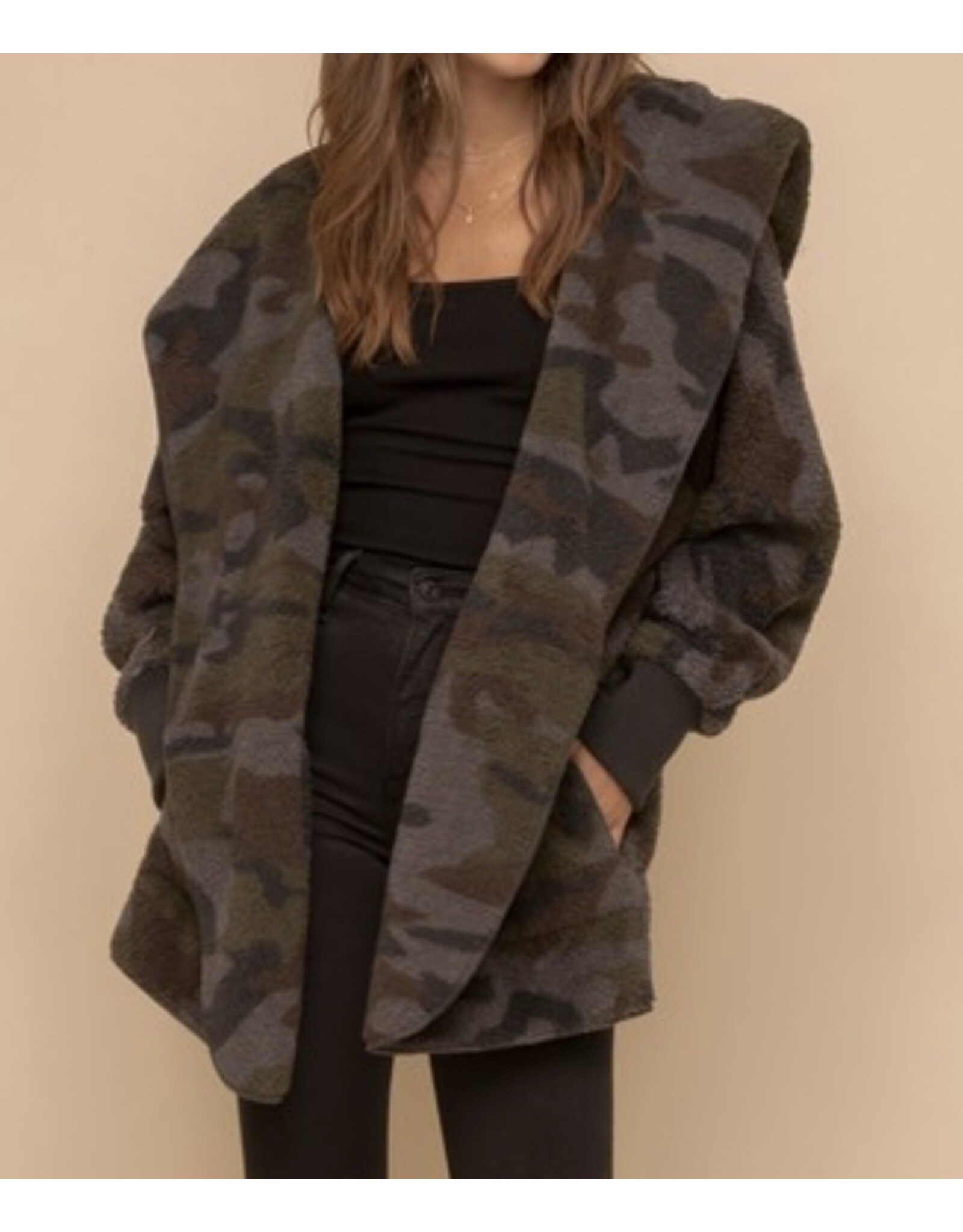 Hem and Thread Camo Sherpa Open Jacket