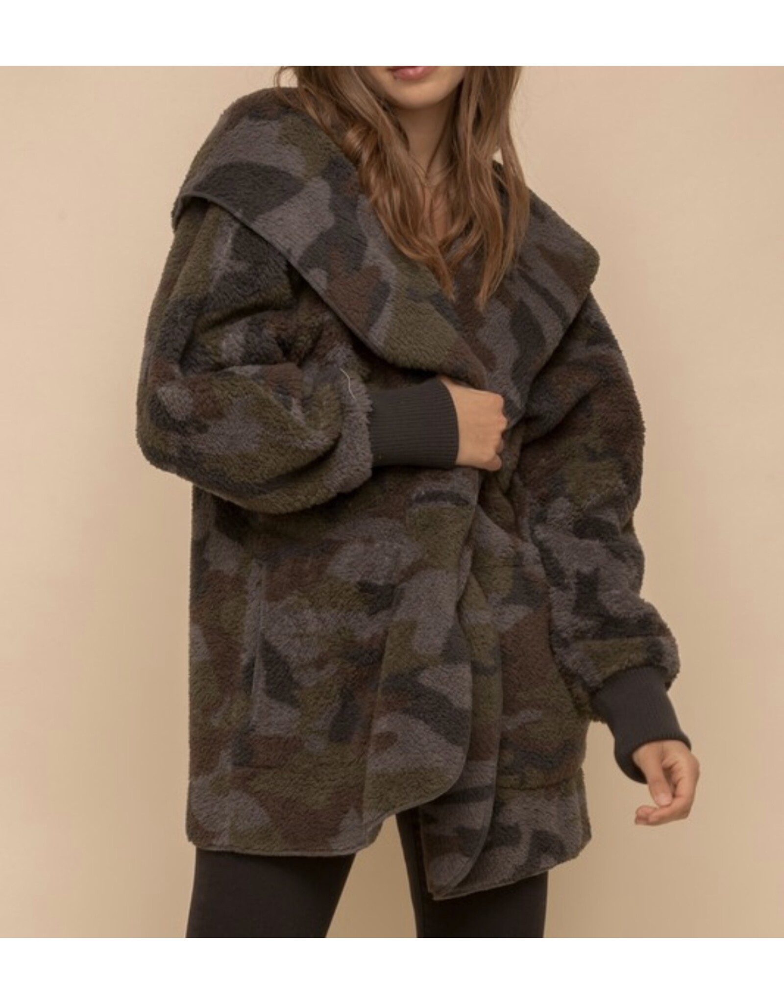 Hem and Thread Camo Sherpa Open Jacket