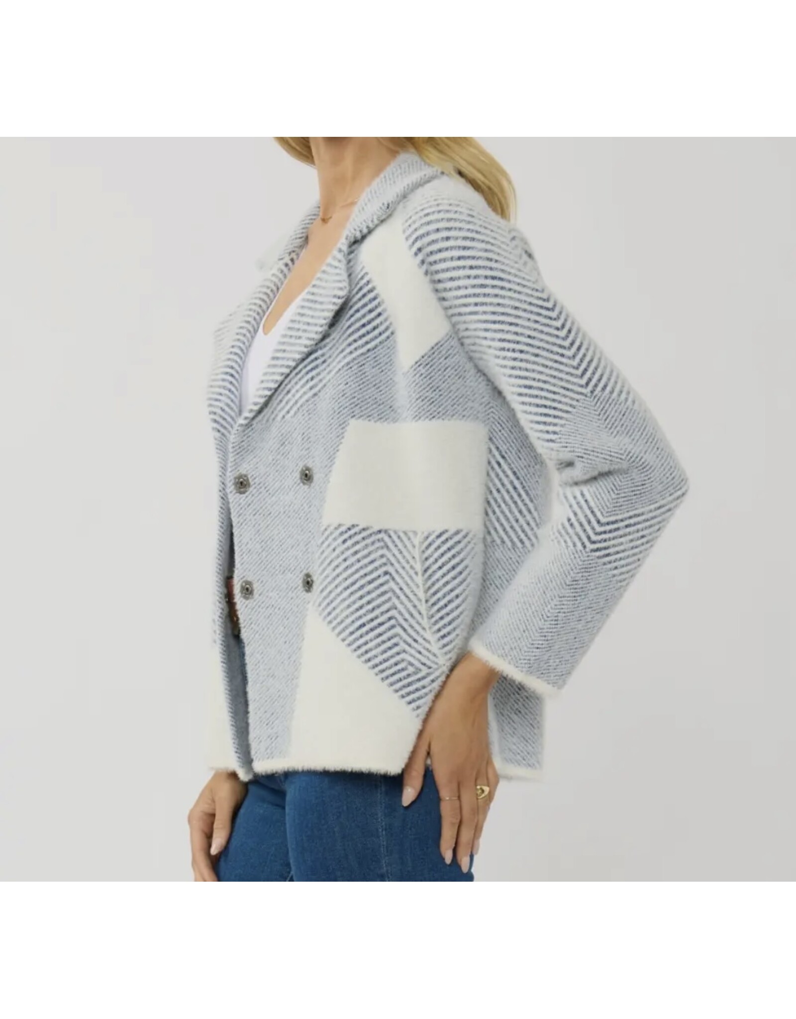 Lovestitch Blue Pattern Double Breasted Sweater