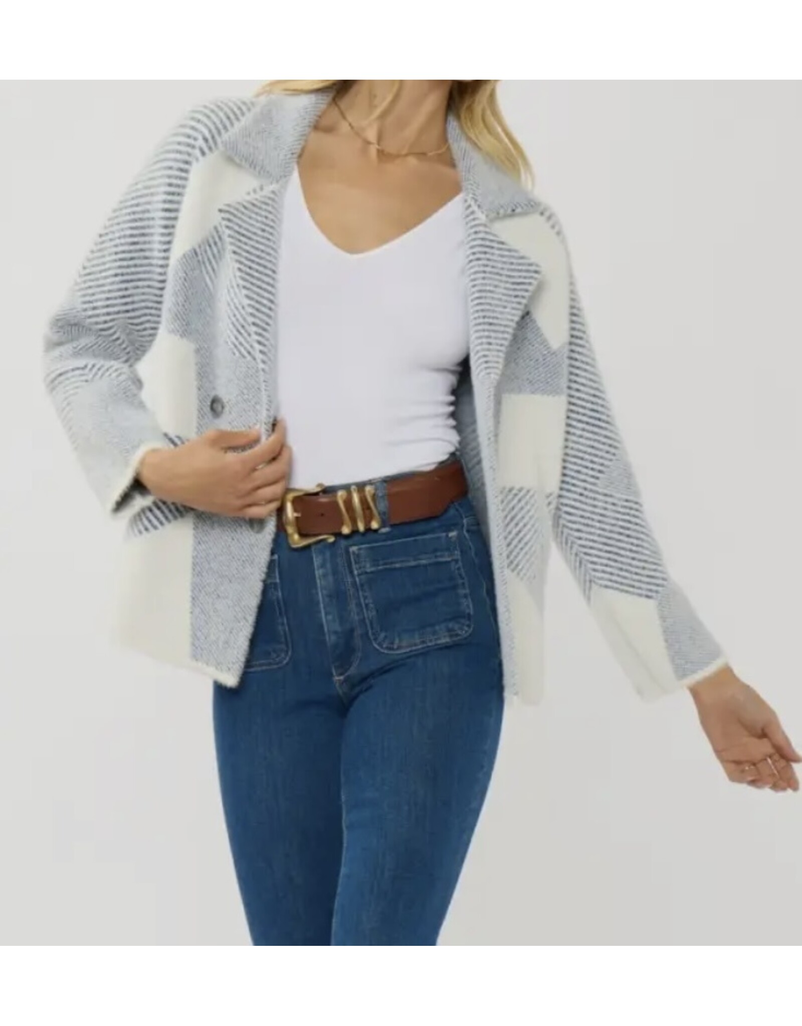 Lovestitch Blue Pattern Double Breasted Sweater