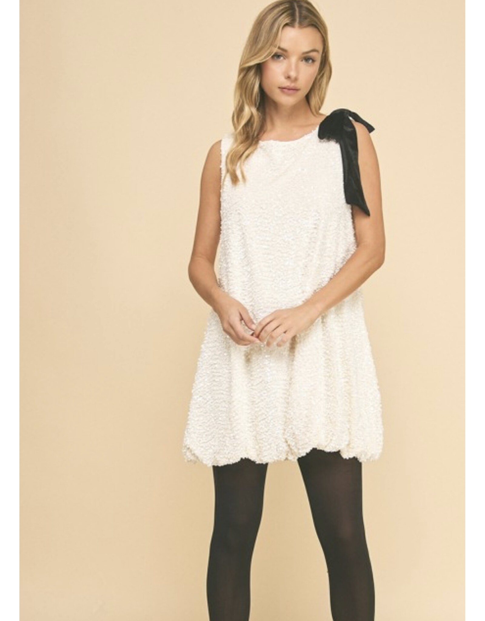 Sequin Mini Dress w/ Bubble Hem & Velvet Bow