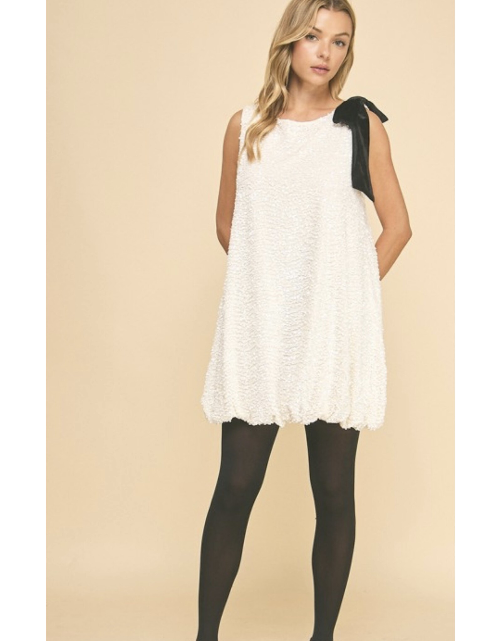 Sequin Mini Dress w/ Bubble Hem & Velvet Bow