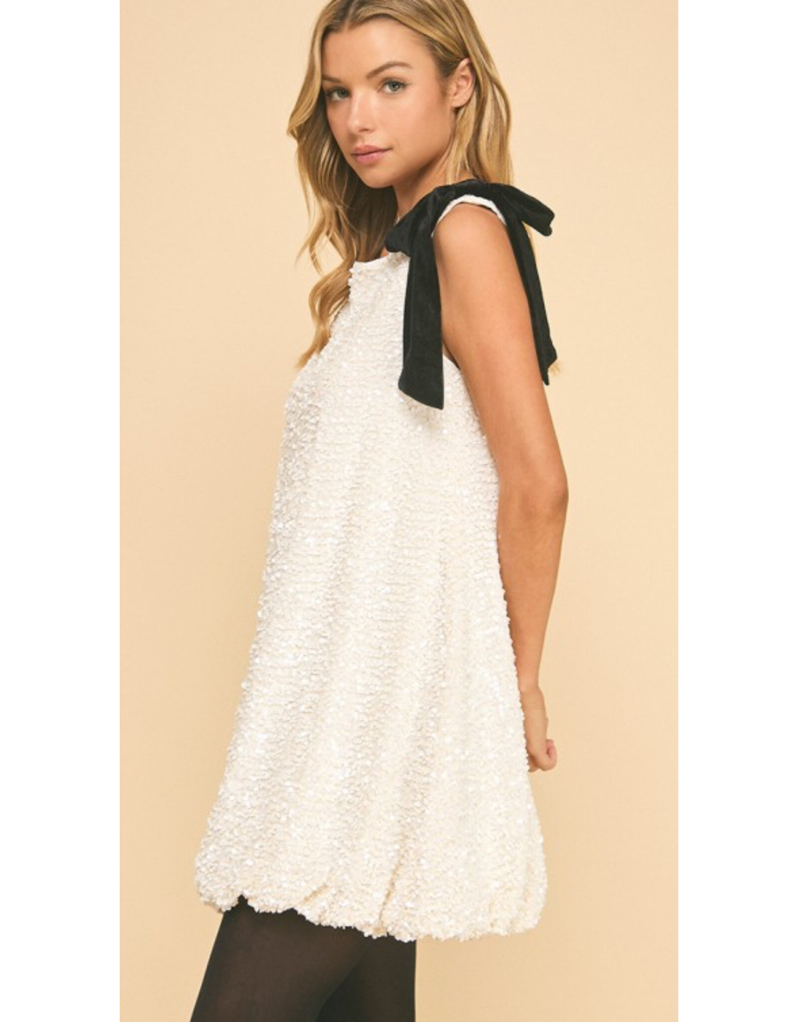 Sequin Mini Dress w/ Bubble Hem & Velvet Bow