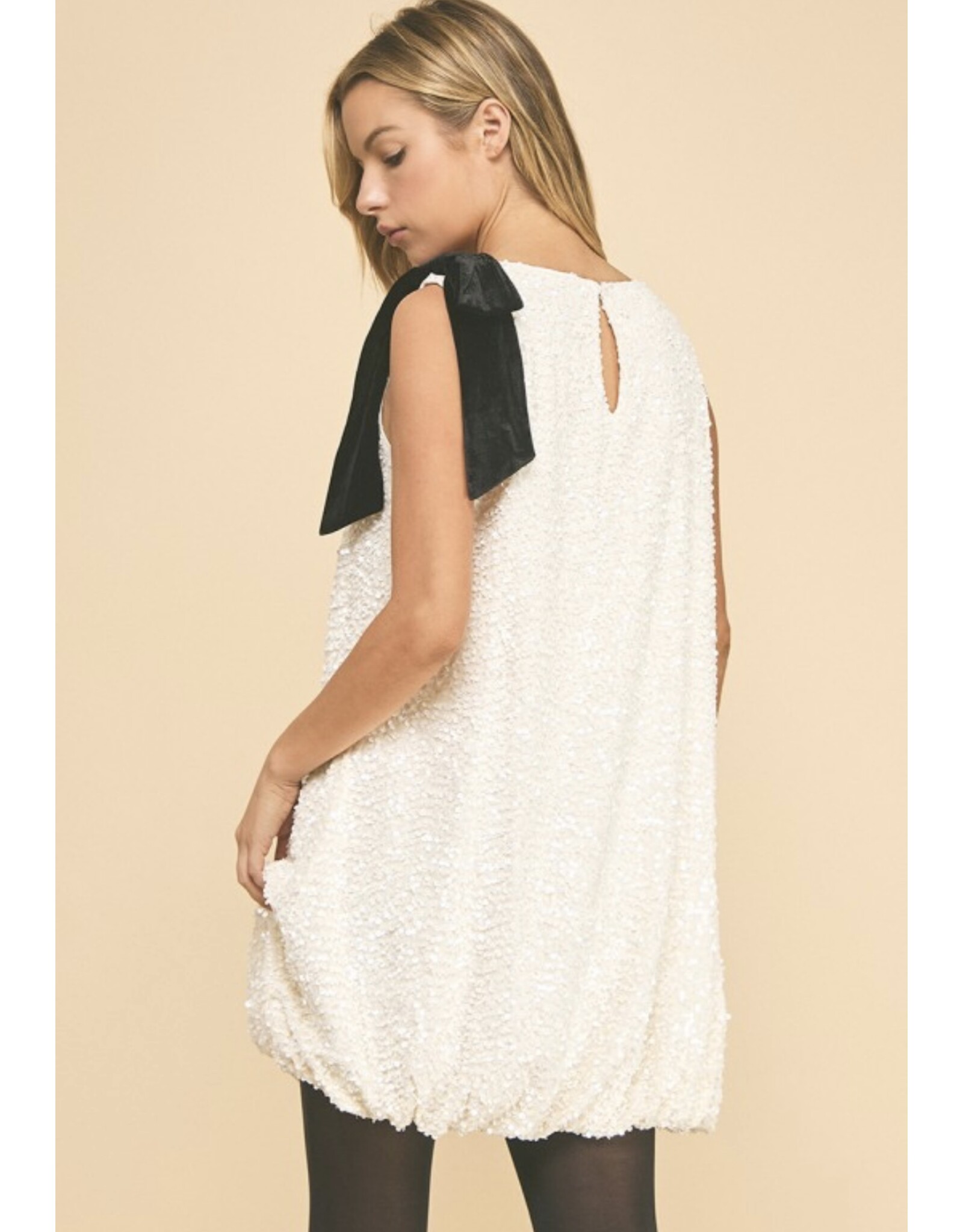 Sequin Mini Dress w/ Bubble Hem & Velvet Bow