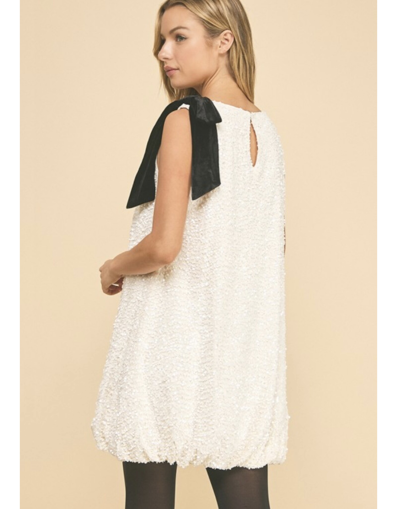 Sequin Mini Dress w/ Bubble Hem & Velvet Bow