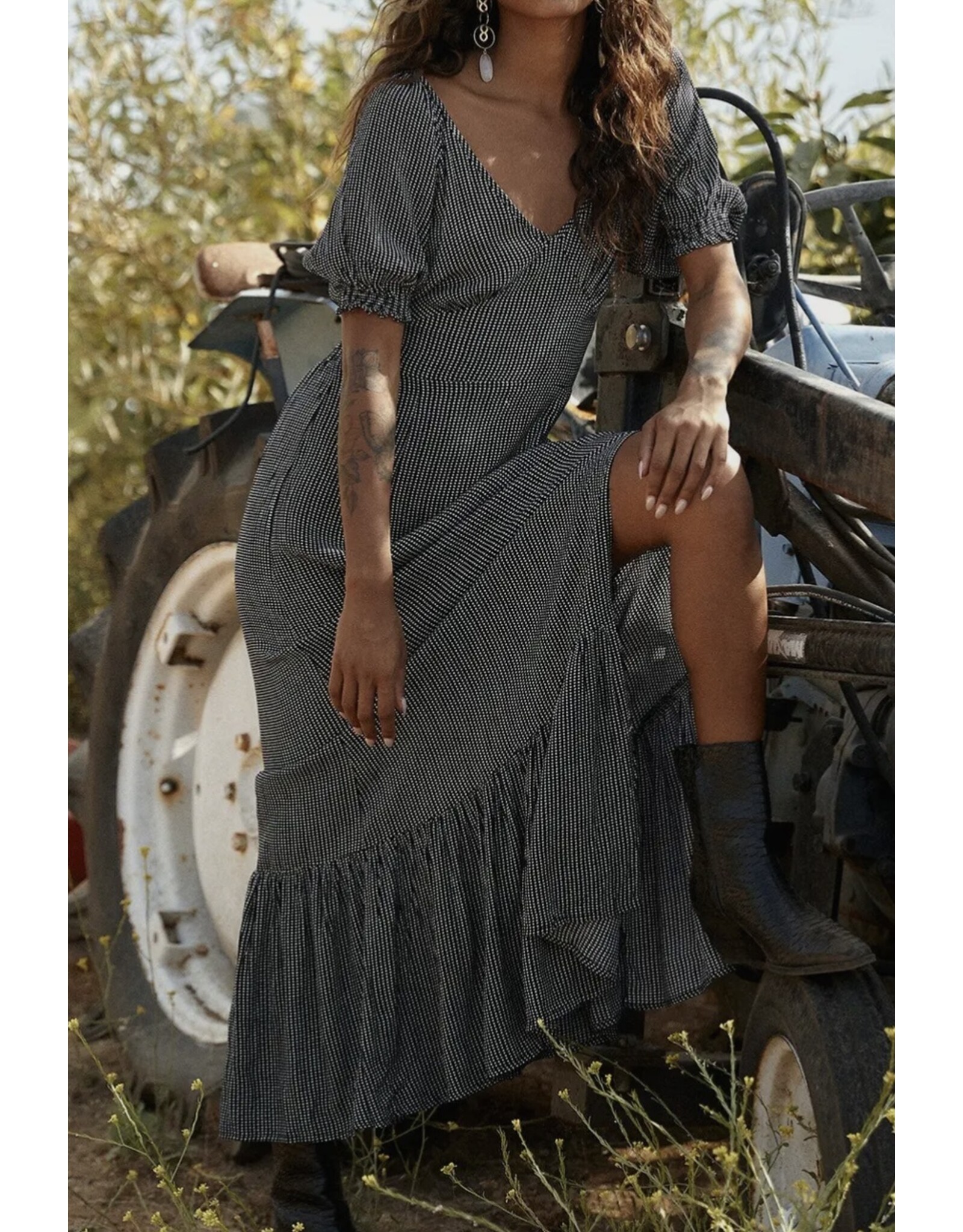 Lovestitch Dotted V Neck Puff Sleeve Maxi Dress