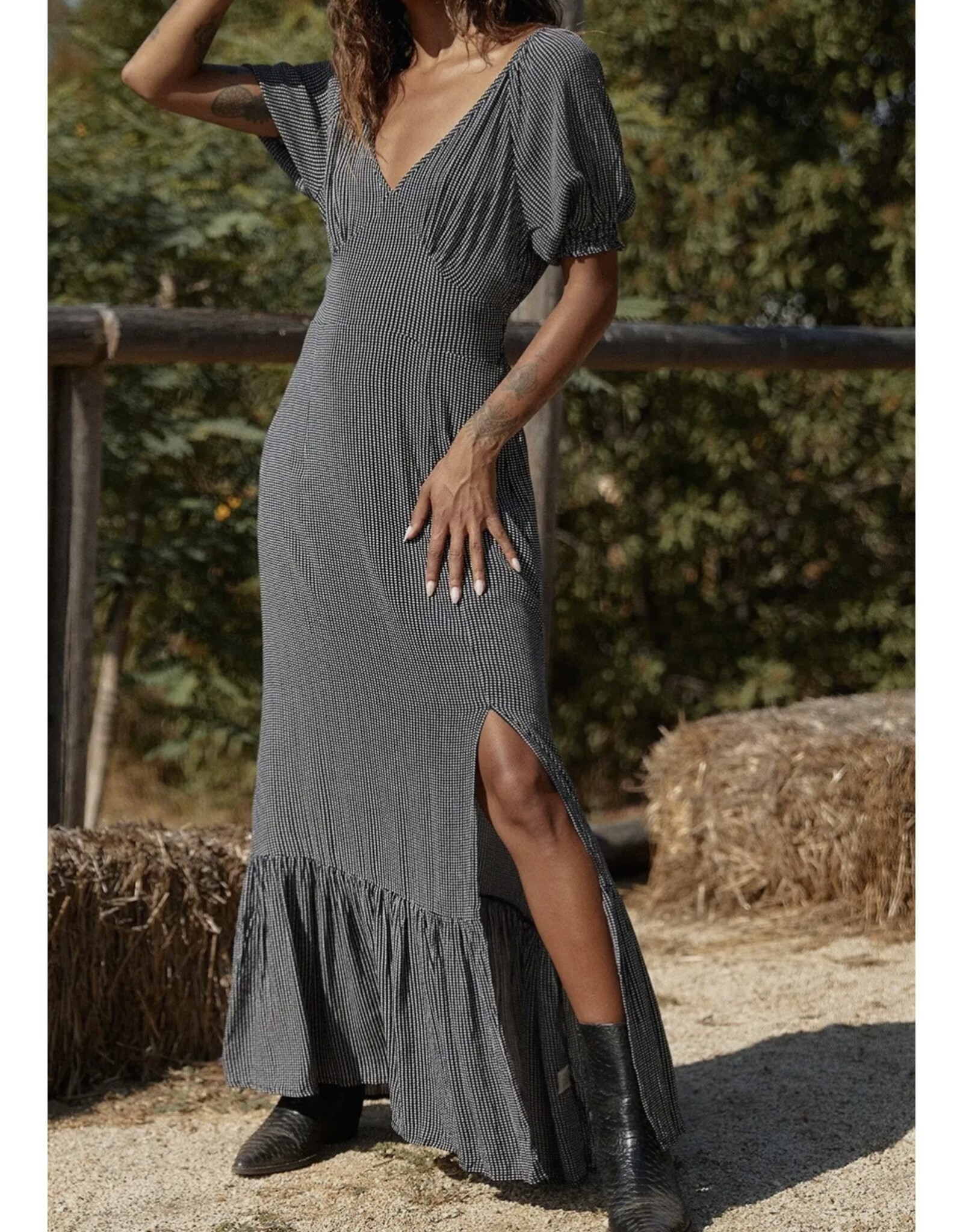 Lovestitch Dotted V Neck Puff Sleeve Maxi Dress