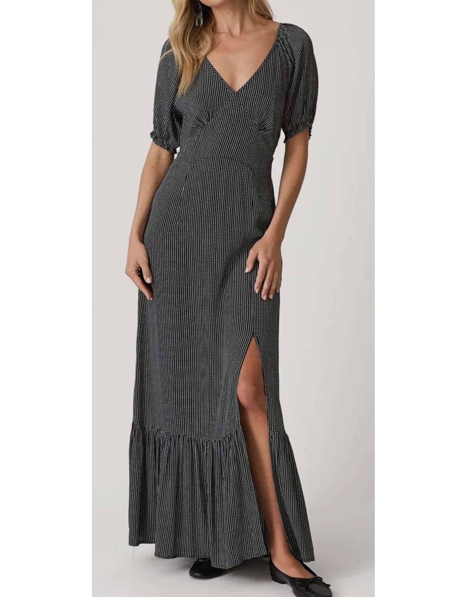 Lovestitch Dotted V Neck Puff Sleeve Maxi Dress