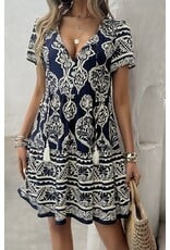 LATA Navy V Neck Ruffle Tassel Dress