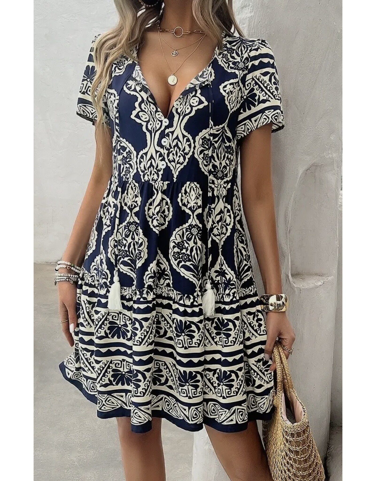 LATA Navy V Neck Ruffle Tassel Dress