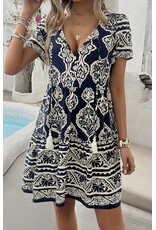 LATA Navy V Neck Ruffle Tassel Dress