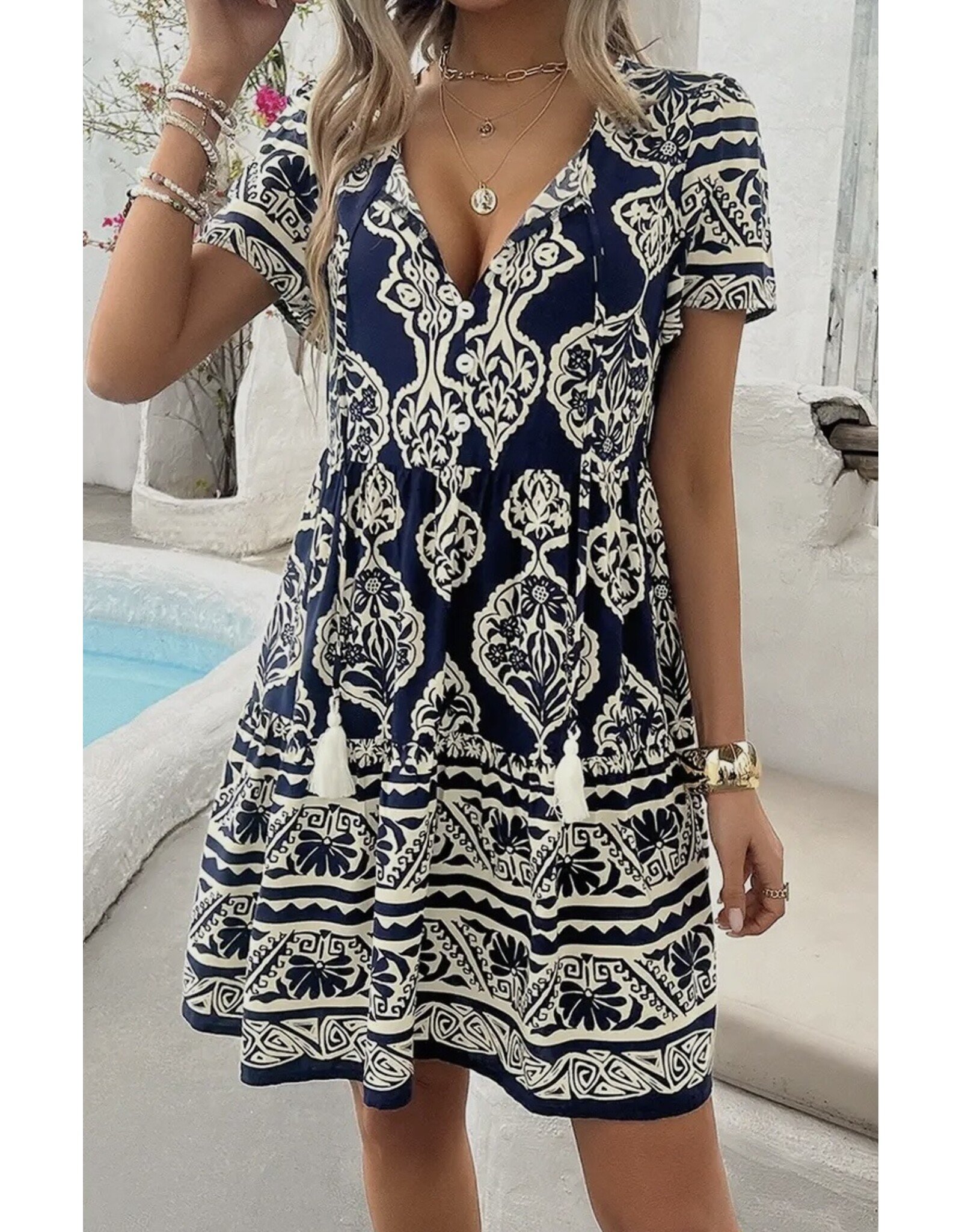 LATA Navy V Neck Ruffle Tassel Dress