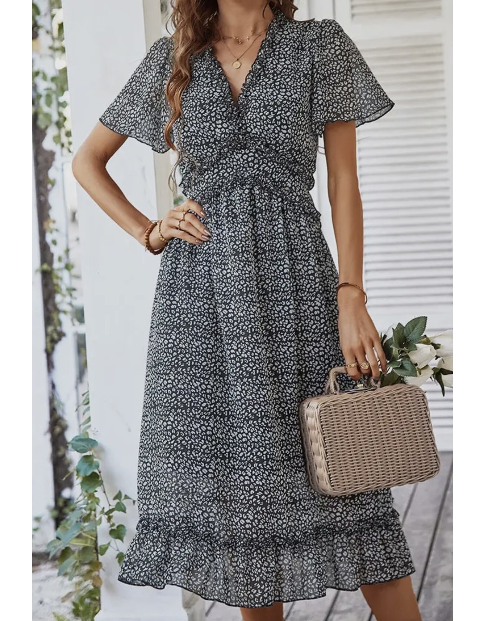 LATA V Neck Floral Boho Ruffle Midi