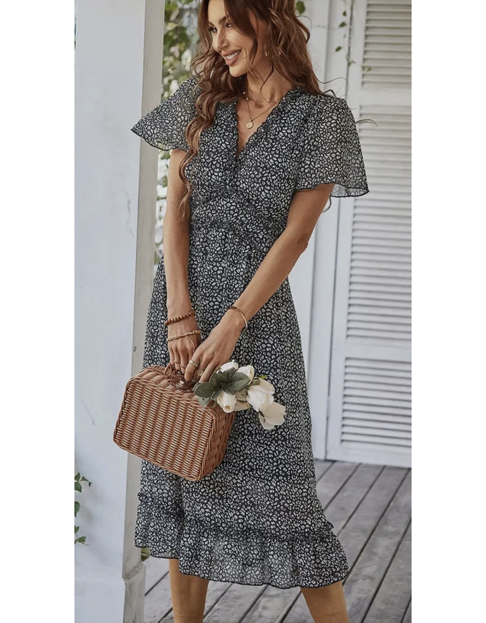 LATA V Neck Floral Boho Ruffle Midi