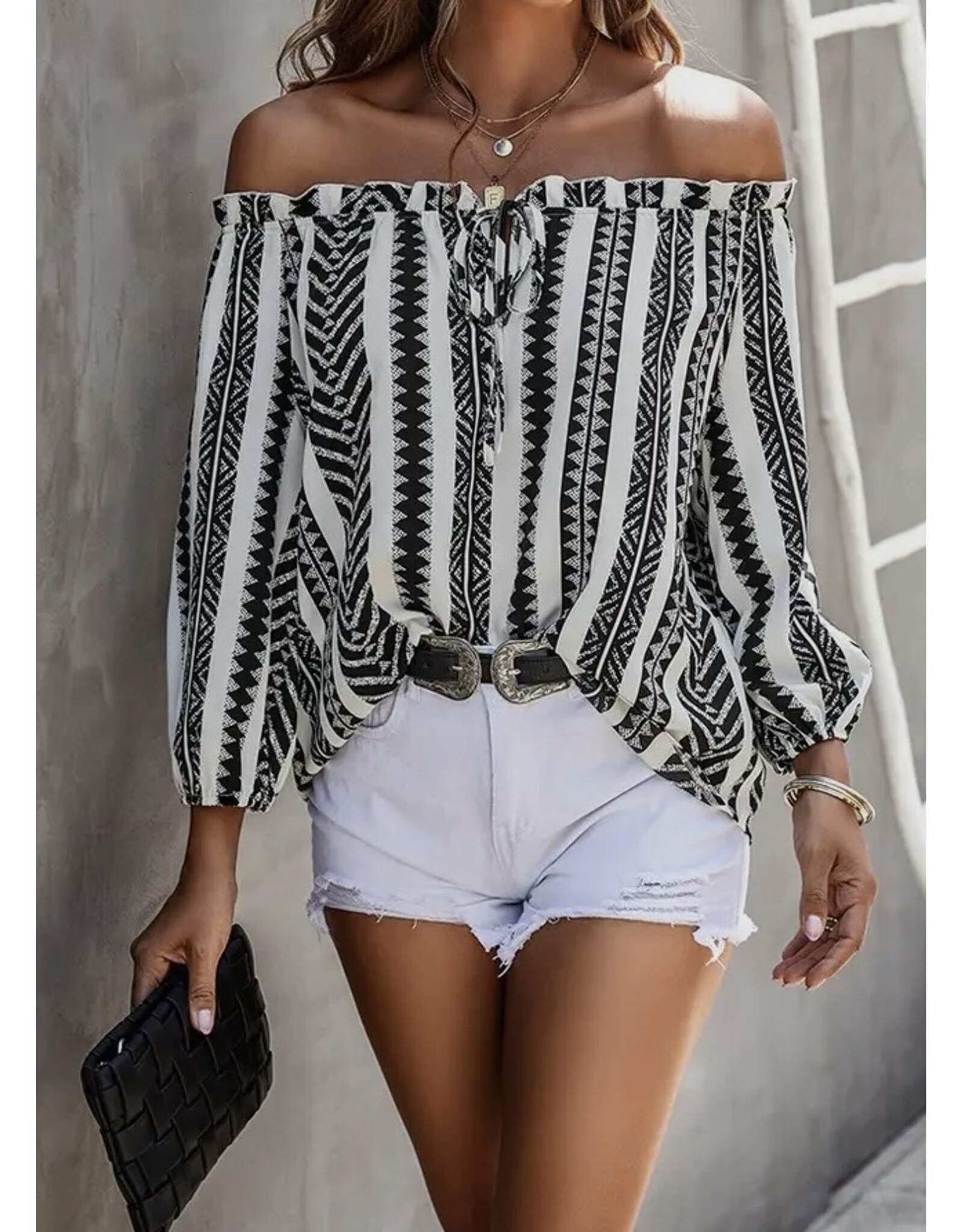 LATA B/W Off Shoulder Lantern Sleeve Top