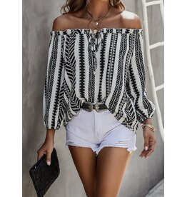 LATA B/W Off Shoulder Lantern Sleeve Top
