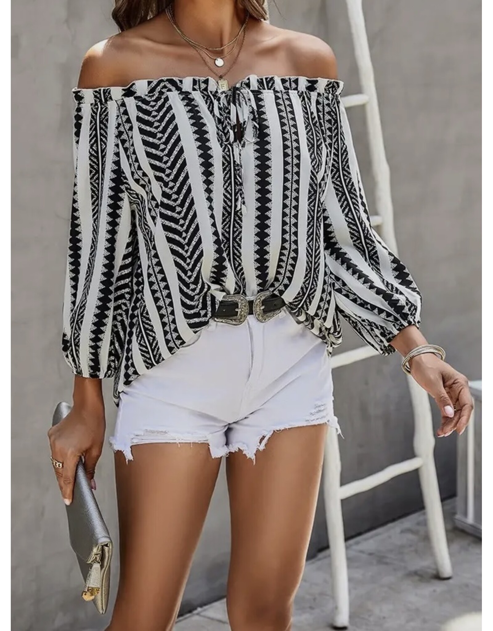 LATA B/W Off Shoulder Lantern Sleeve Top