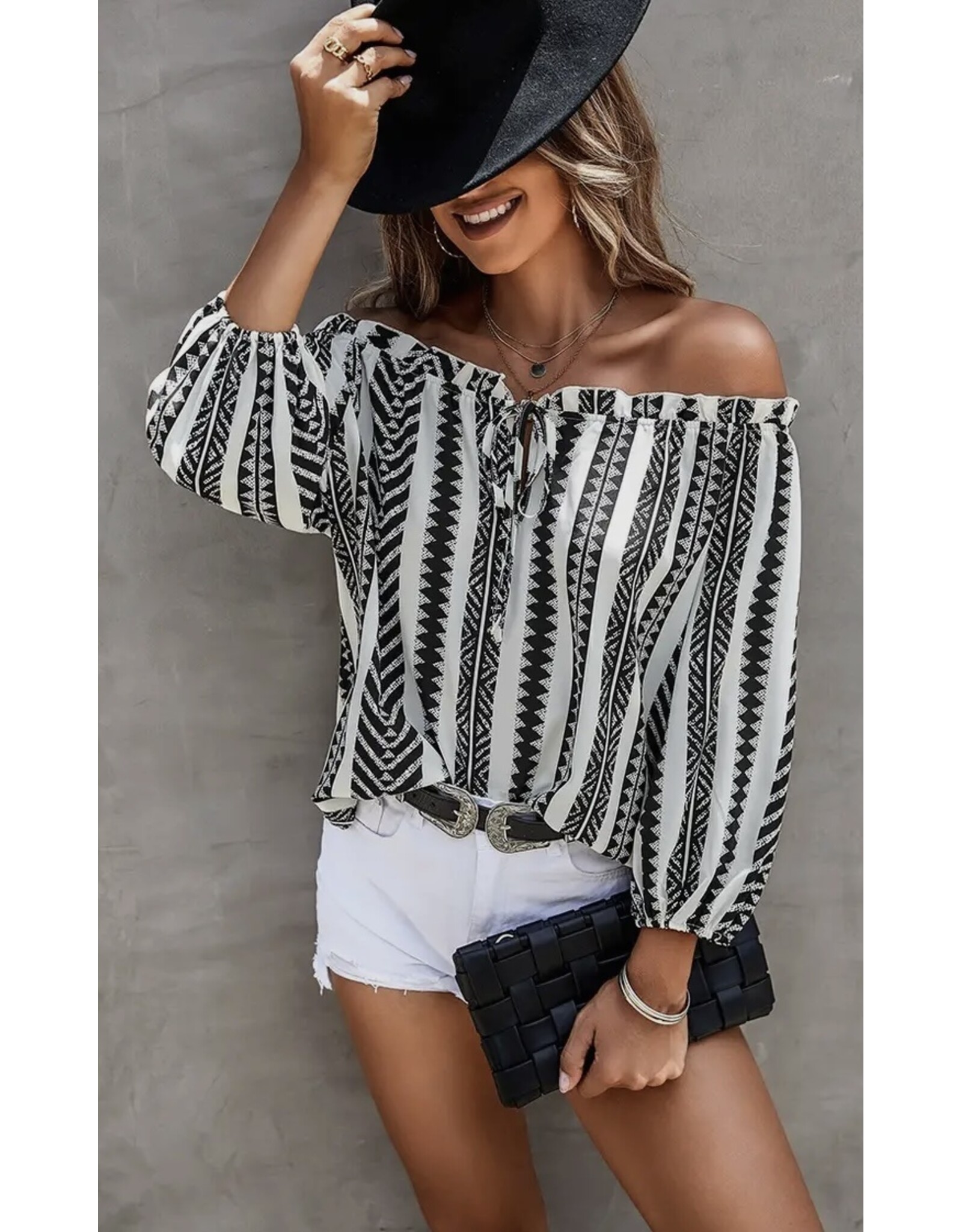 LATA B/W Off Shoulder Lantern Sleeve Top