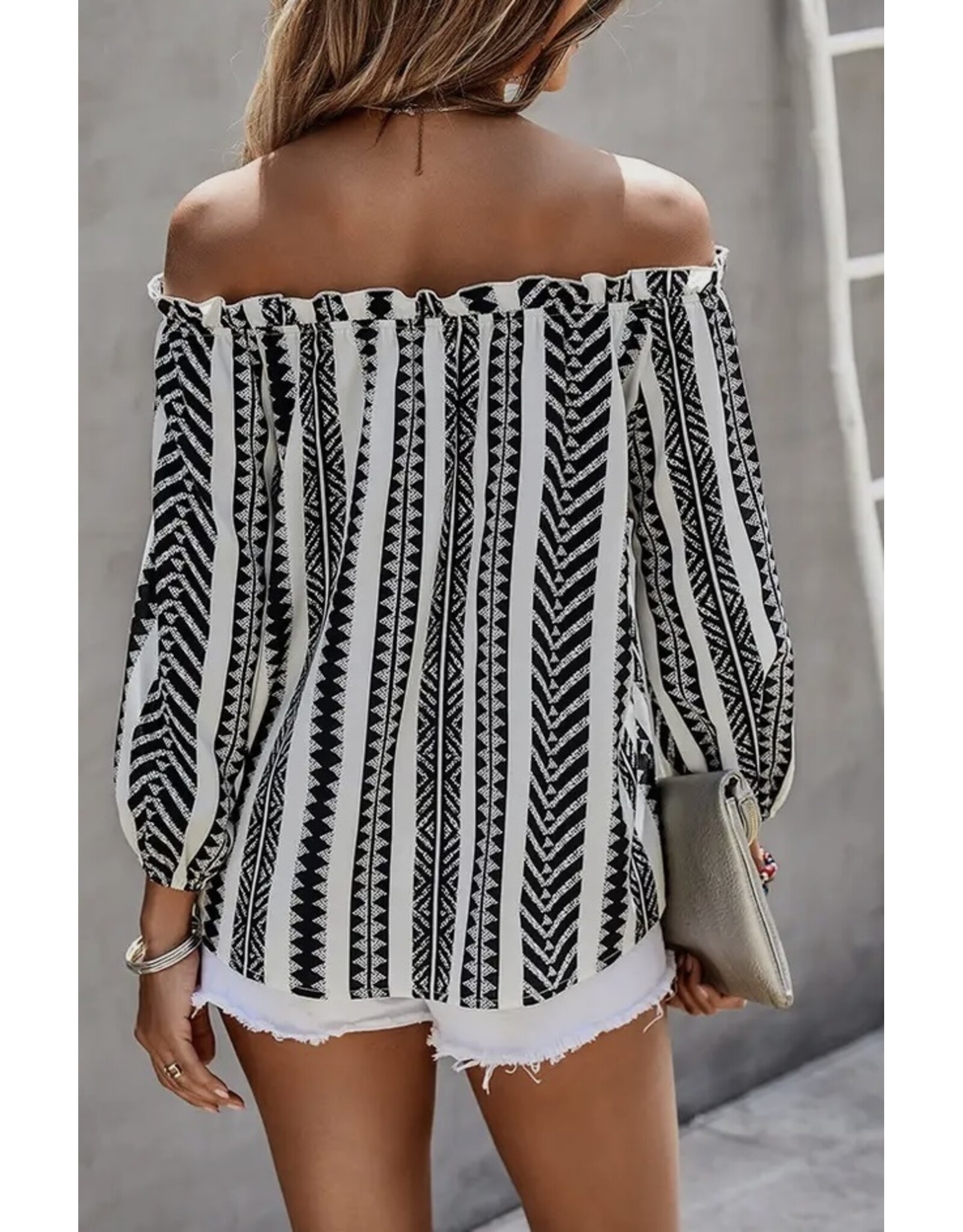 LATA B/W Off Shoulder Lantern Sleeve Top
