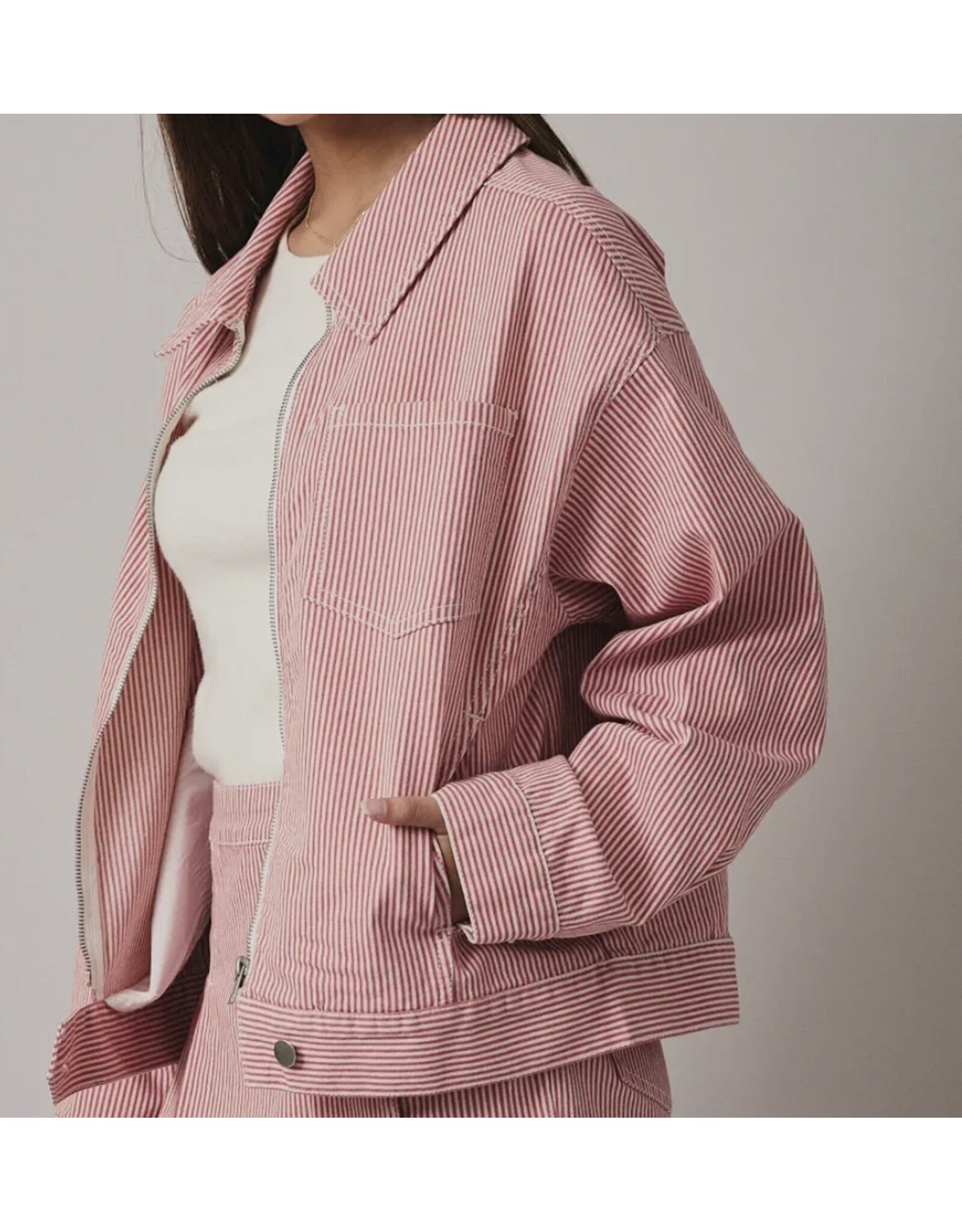 Pink Stripe Stretch Bomber Jacket