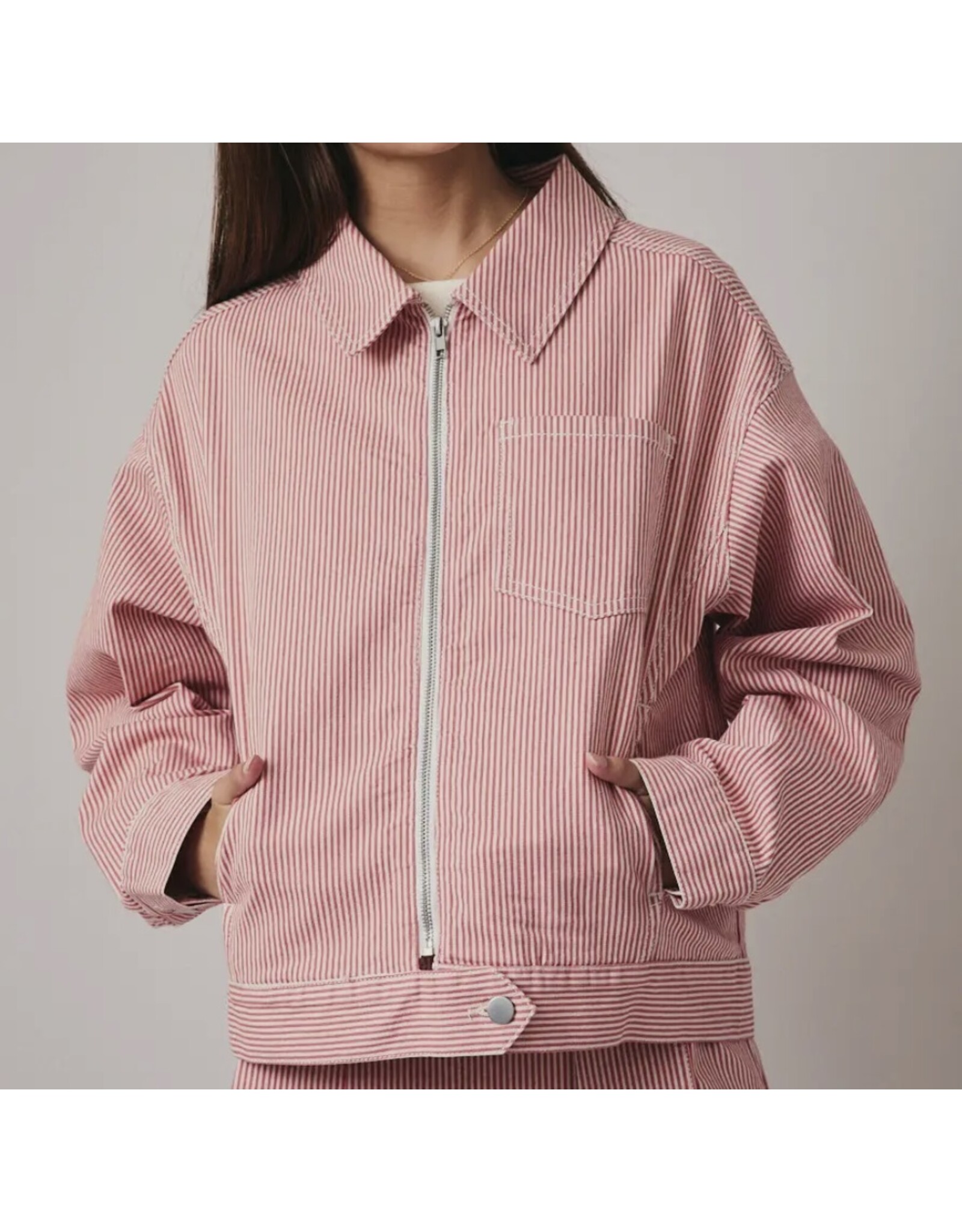 Pink Stripe Stretch Bomber Jacket