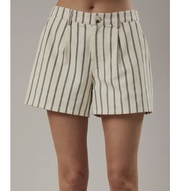 Cream/Charcoal Mid Rise Stripe Pleated Shorts