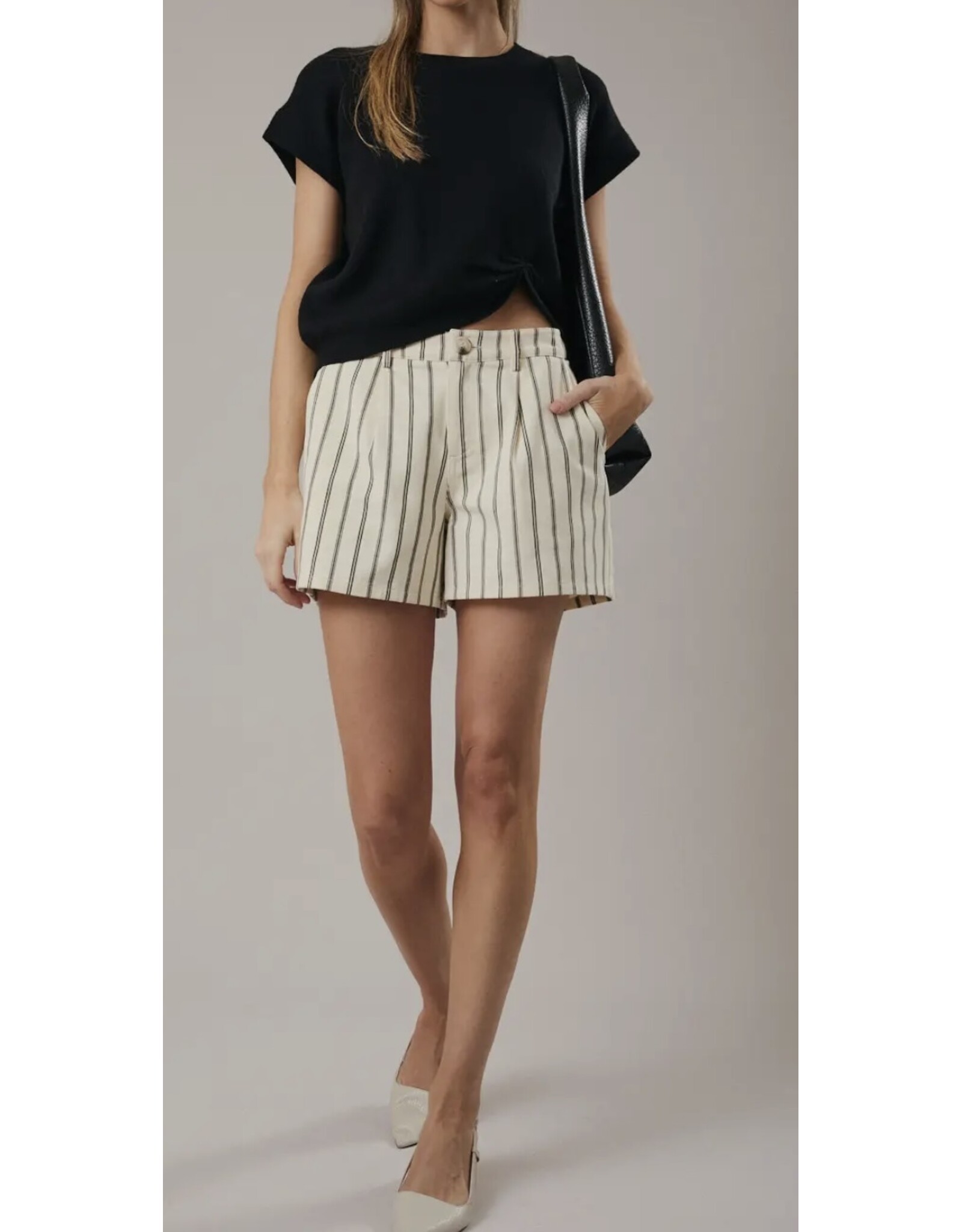 Cream/Charcoal Mid Rise Stripe Pleated Shorts