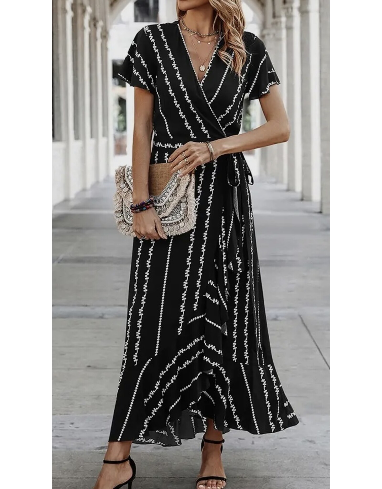 LATA Stripe Knot Split V Neck Dress