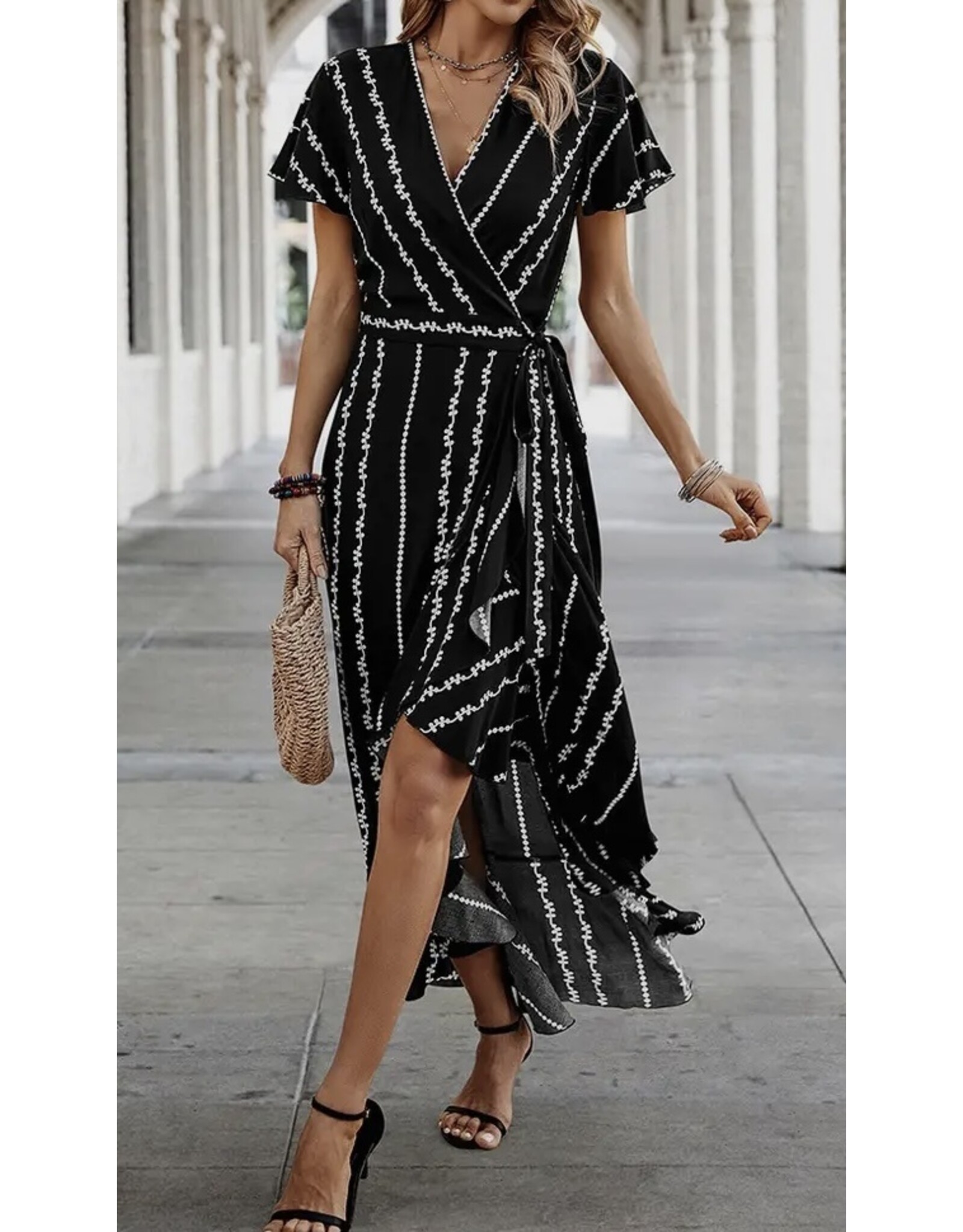 LATA Stripe Knot Split V Neck Dress