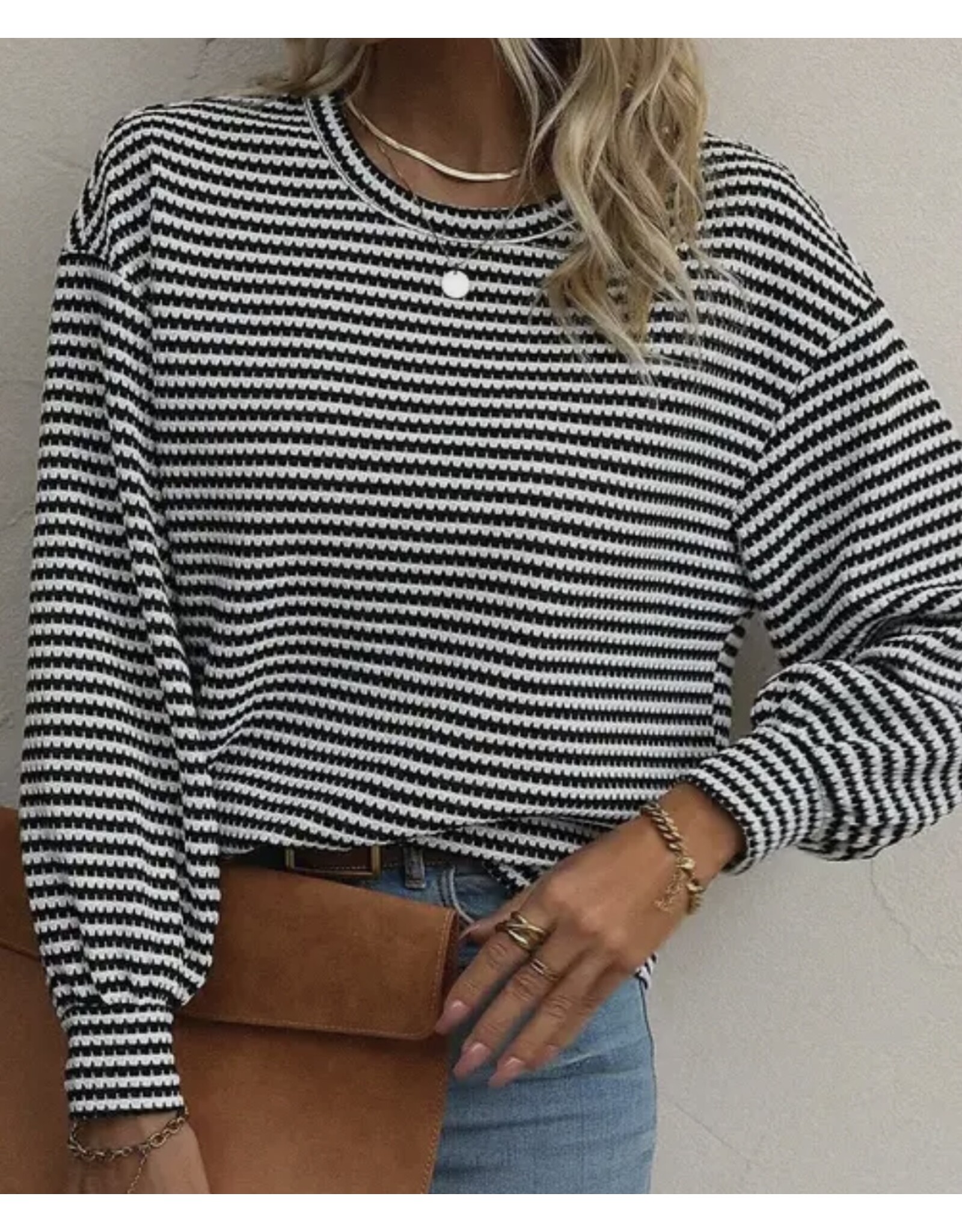 Striped B/W Drop Shoulder Long Slv