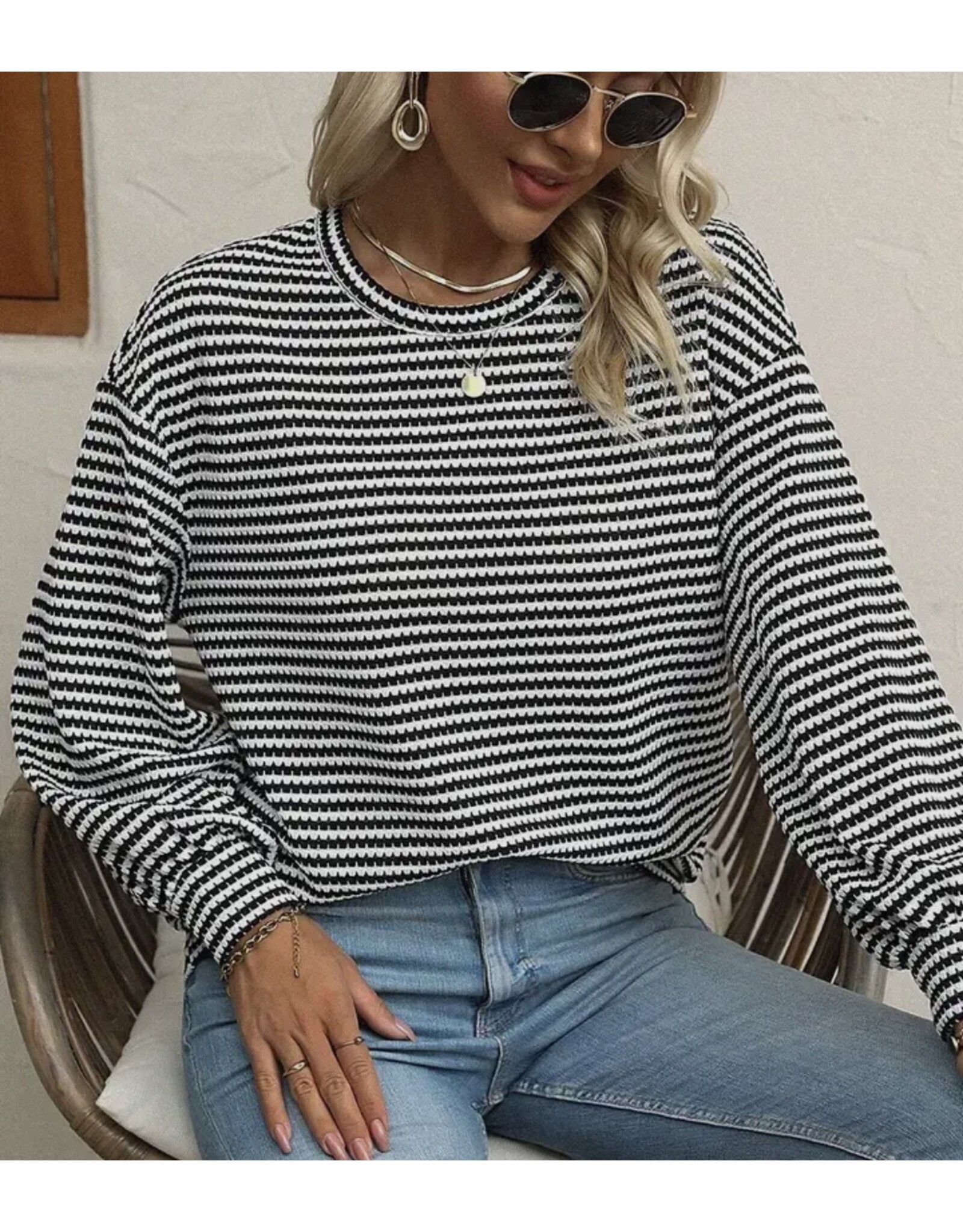 Striped B/W Drop Shoulder Long Slv