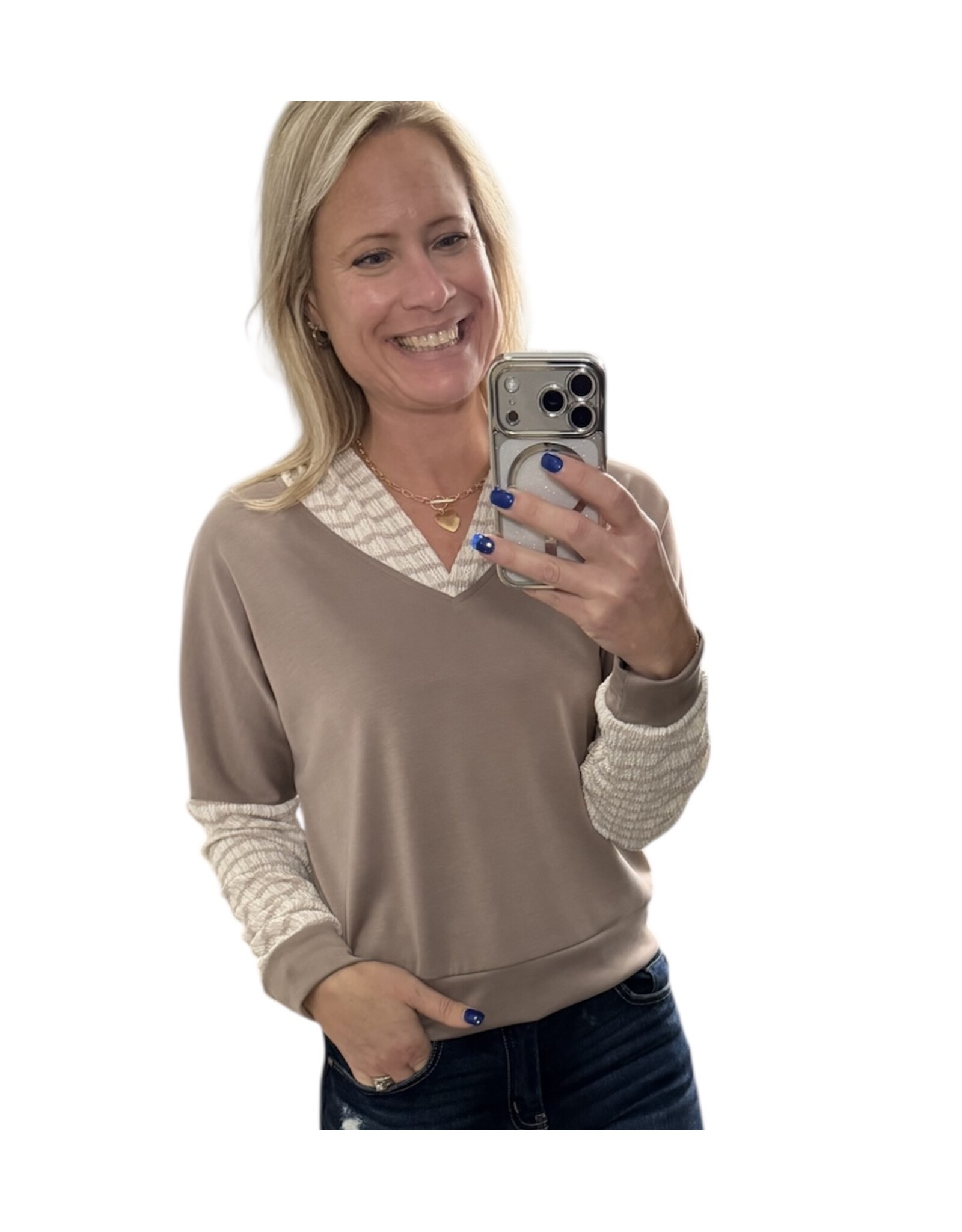 Ariella Taupe/White Stripe Contrast Hoodie