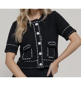 B/W Short Sleeve Contrast Stitch Cardigan