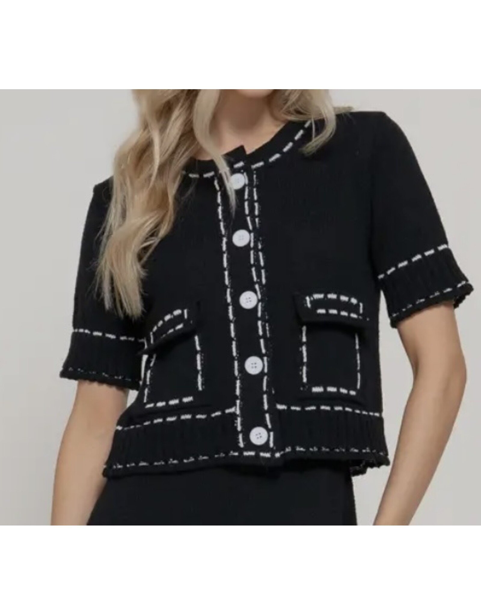 B/W Short Sleeve Contrasting Stitched Cardigan