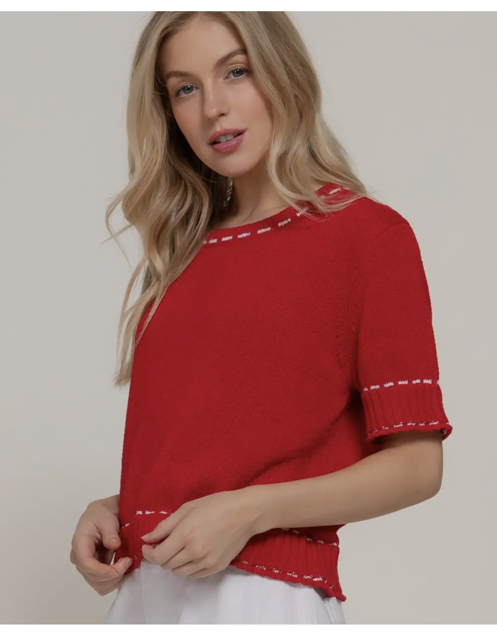 Short Slv Sweater w/ Contrast Stitch