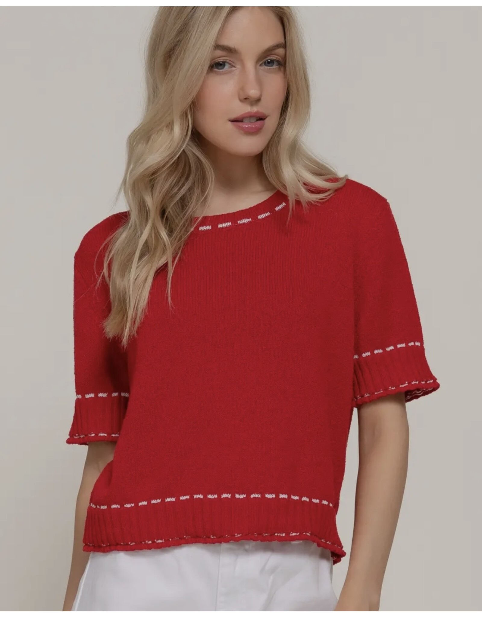 Short Slv Sweater w/ Contrast Stitch