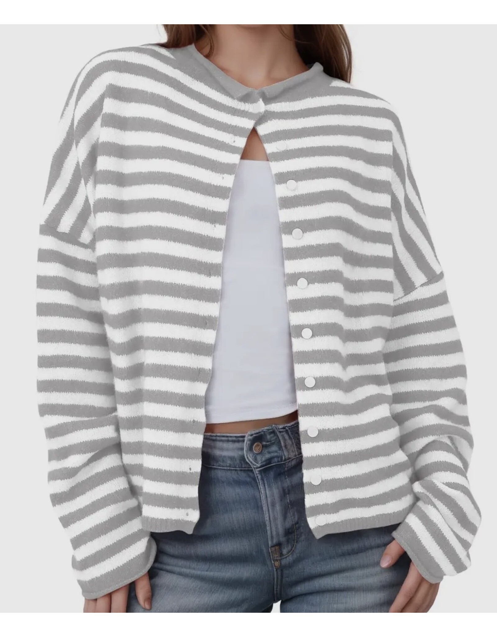 Grey White Striped Cardigan
