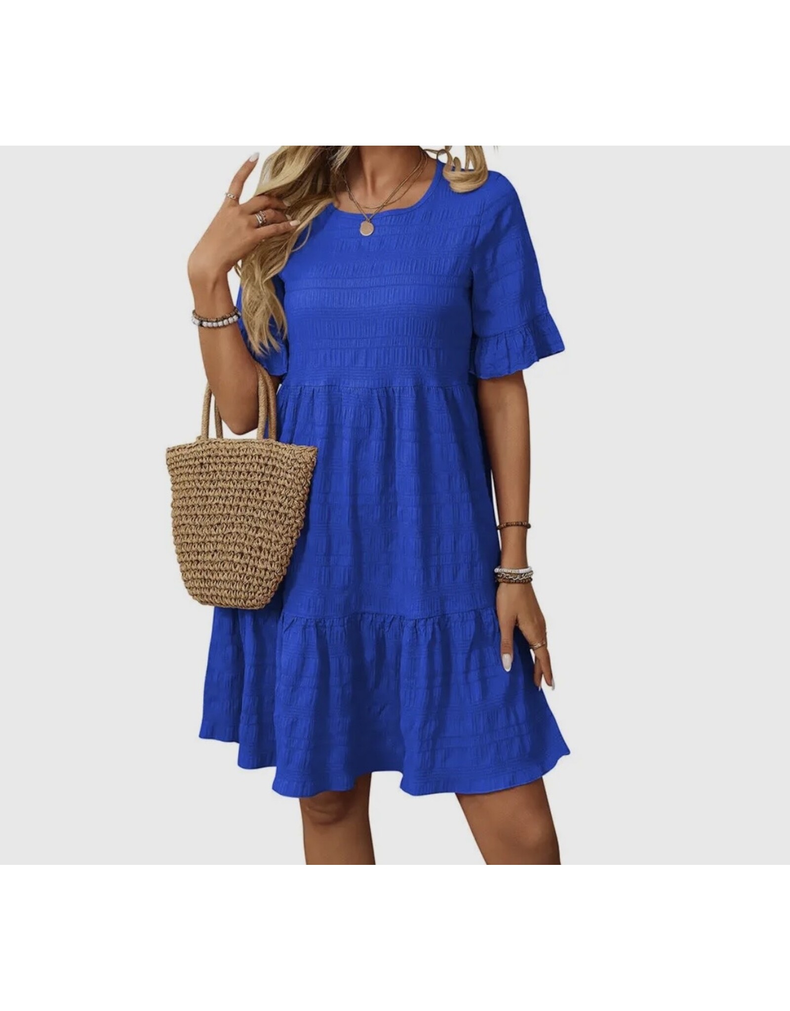 Blue short sleeve textured dress