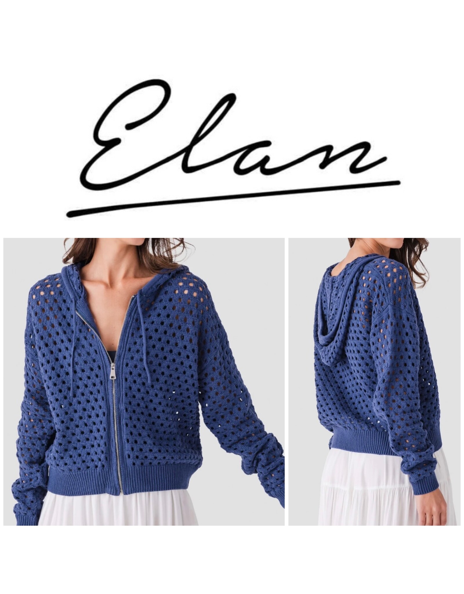 Elan Elan Navy Crochet Hooded Sweater