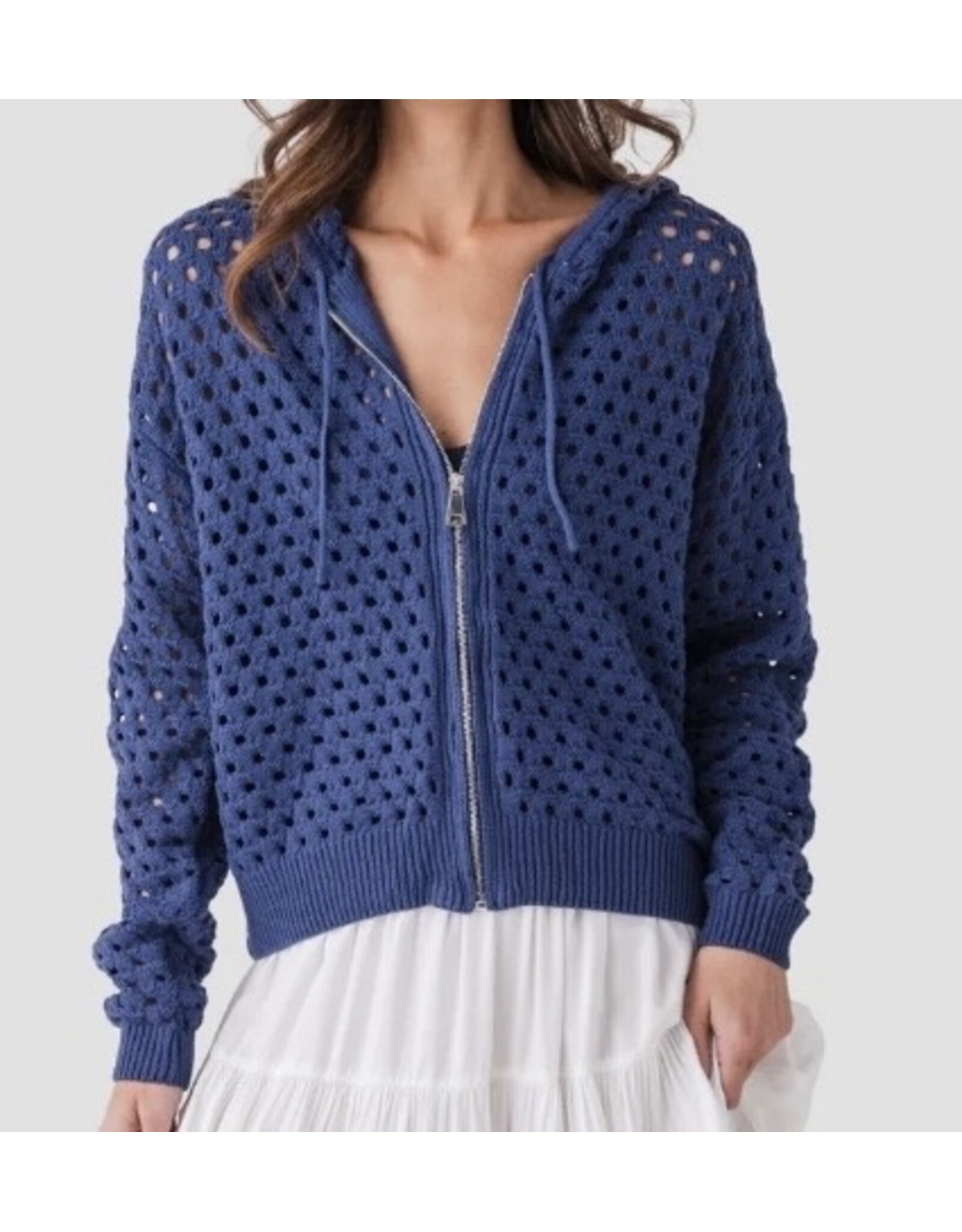 Elan Elan Navy Crochet Hooded Sweater
