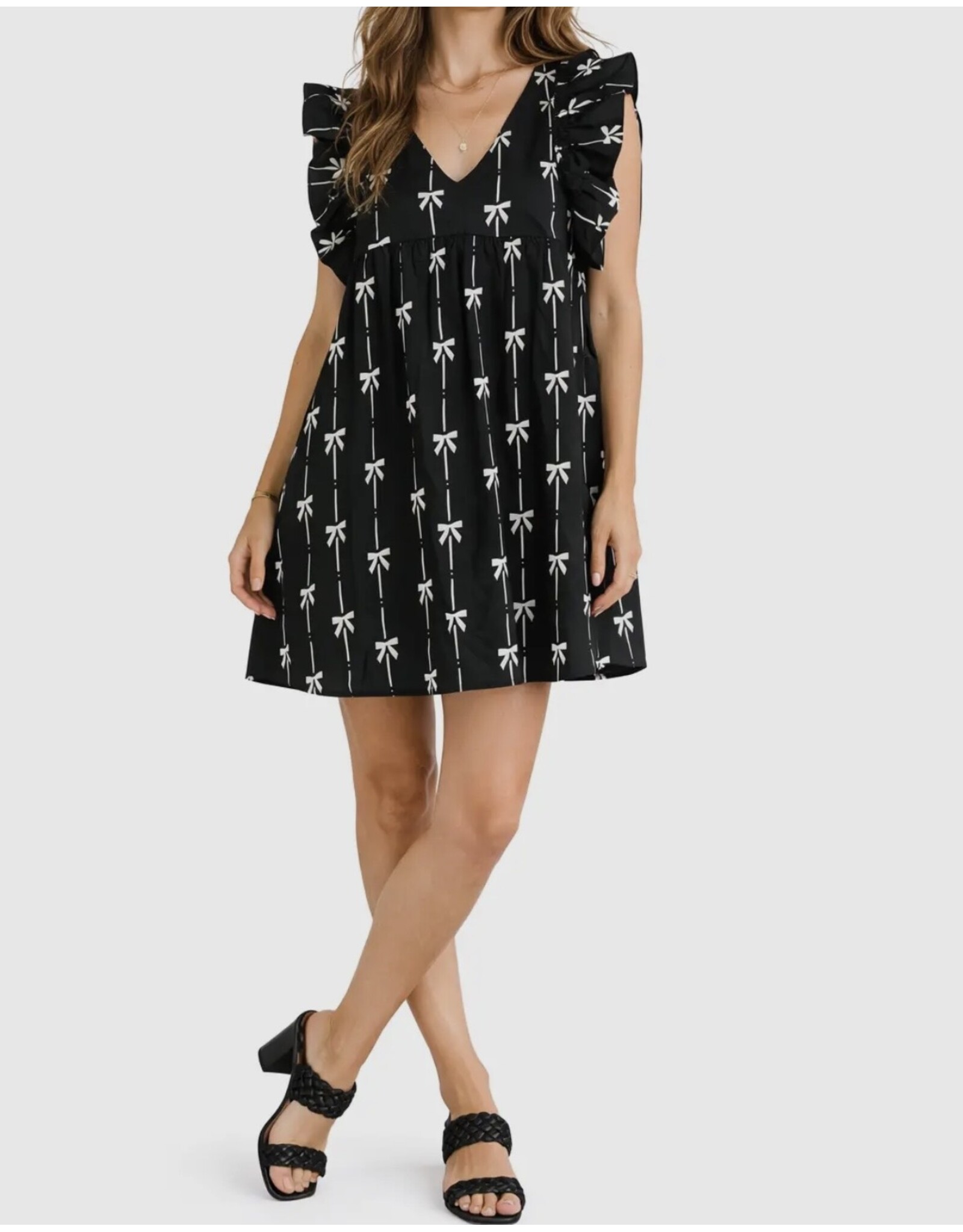 Bow Print Flutter Slv Babydoll Dress